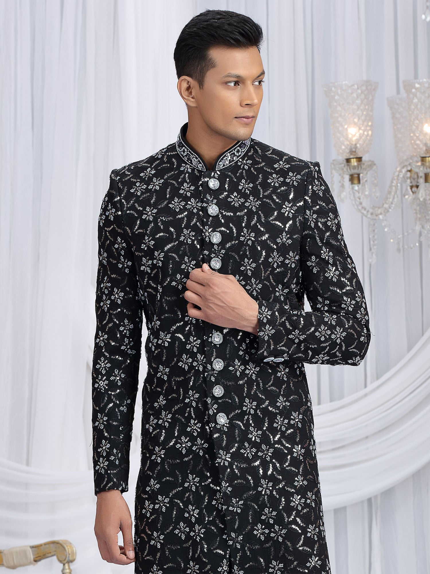 Black Art Silk Men's Indowestern In Floral Work