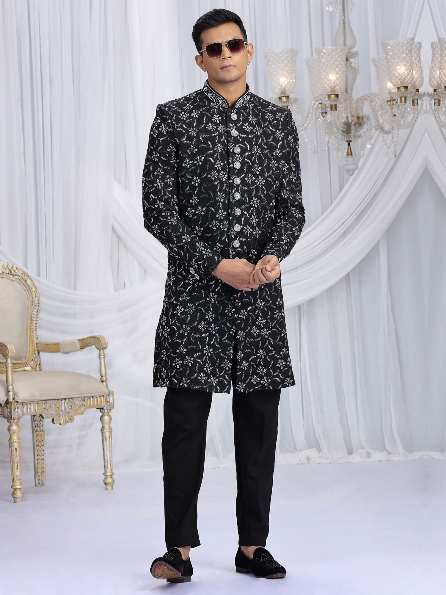 Black Art Silk Men's Indowestern In Floral Work