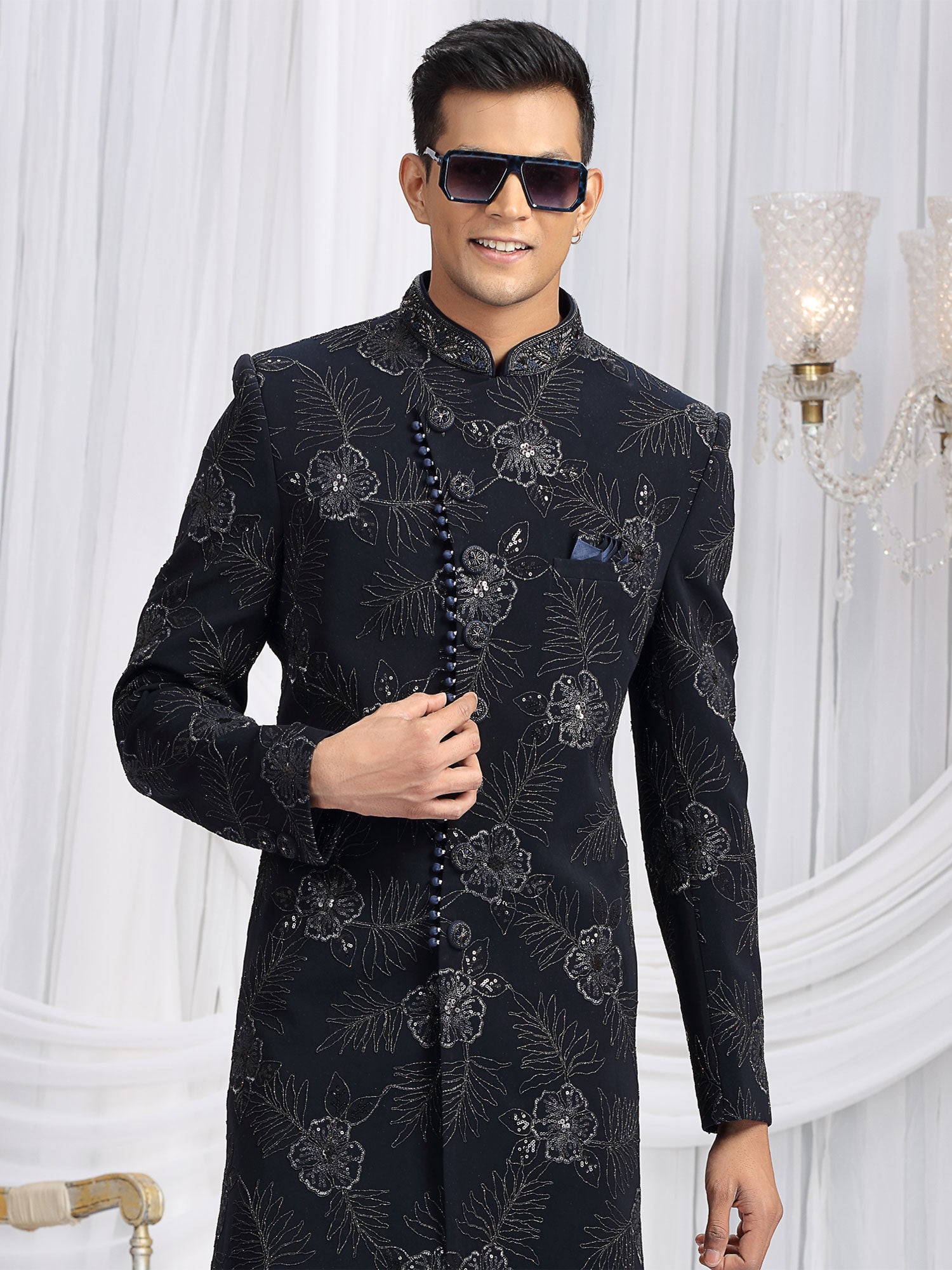 Navy Blue Hand Work Embellished Indowestern