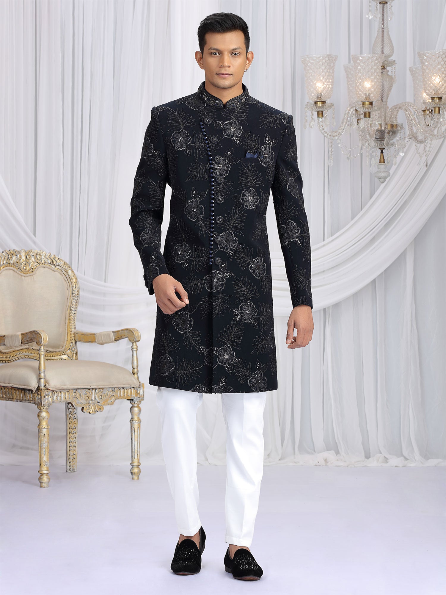 Navy Blue Hand Work Embellished Indowestern
