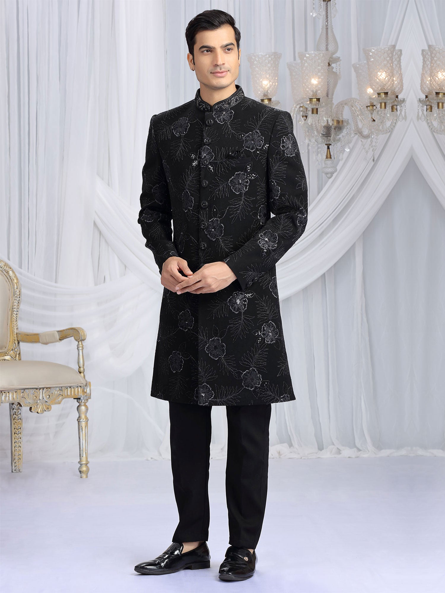Black Wedding Indo Western For Mens In Silk