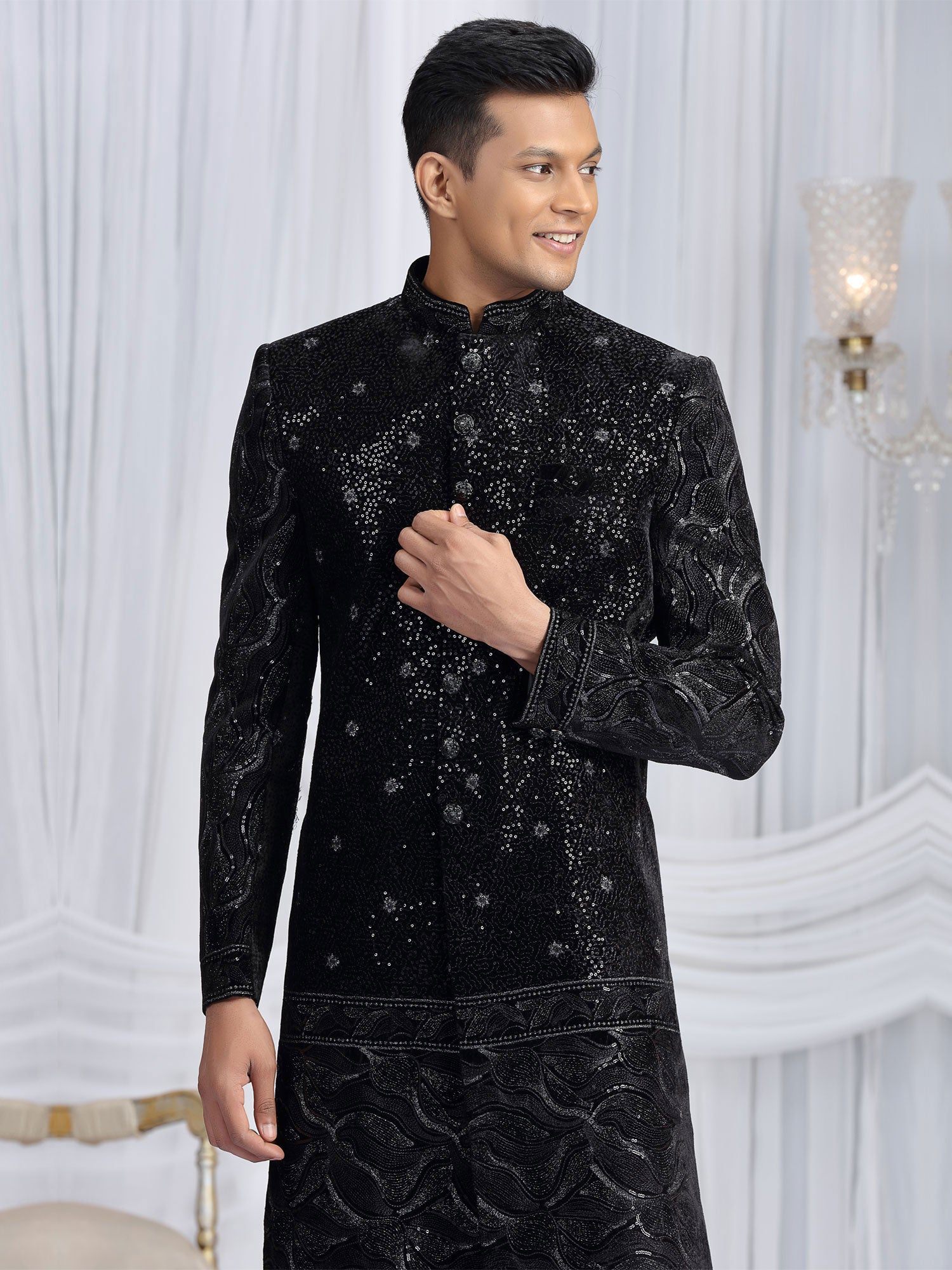 Black Embroidered Achkan Style Indowestern Set