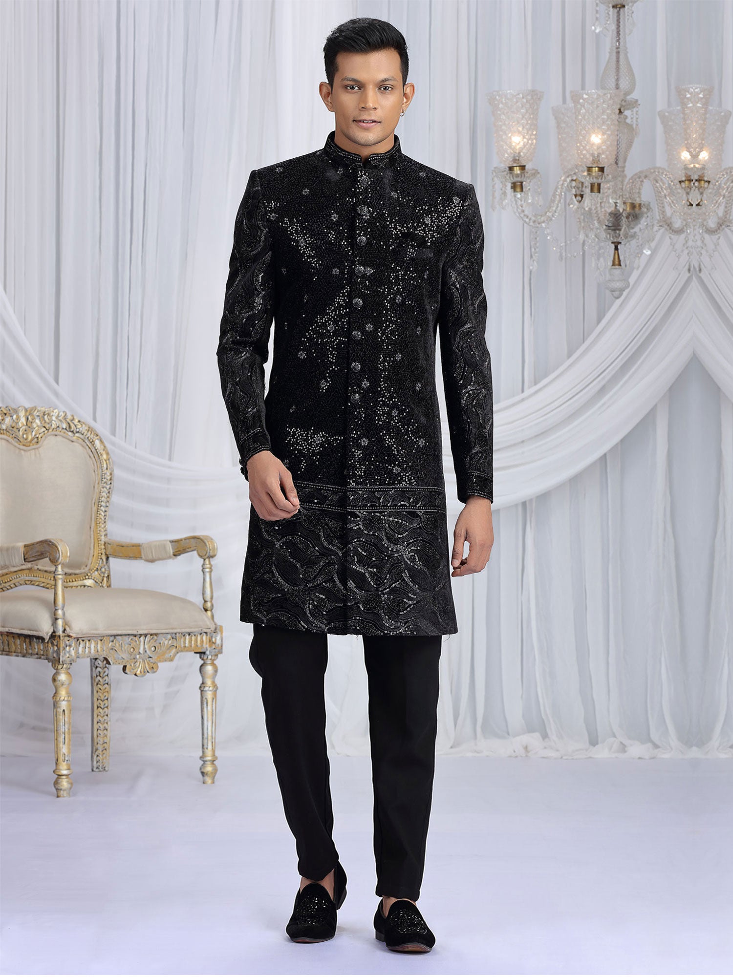 Black Embroidered Achkan Style Indowestern Set