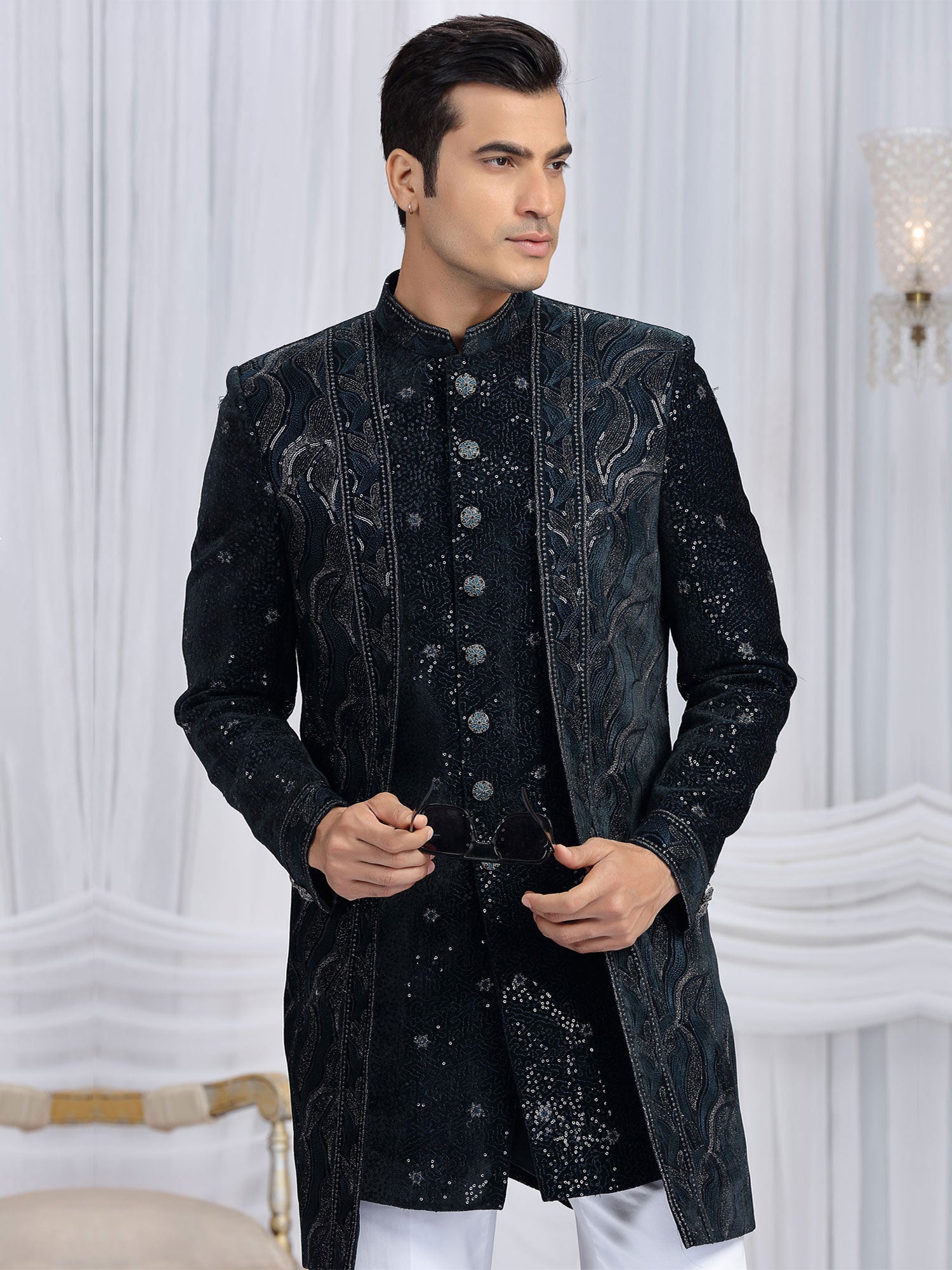 Deep Blue Sequins Augmented Velvet Indowestern