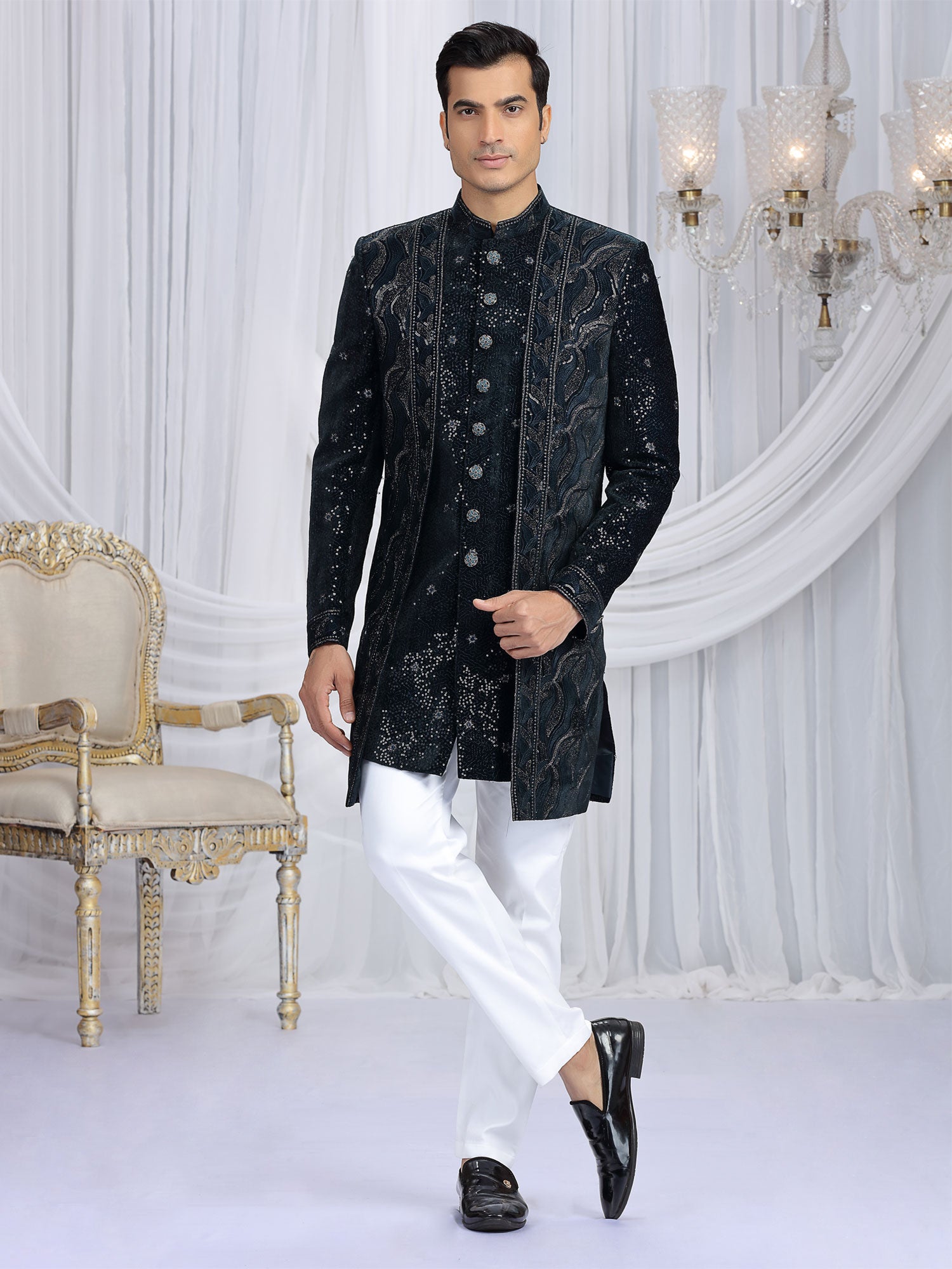 Deep Blue Sequins Augmented Velvet Indowestern