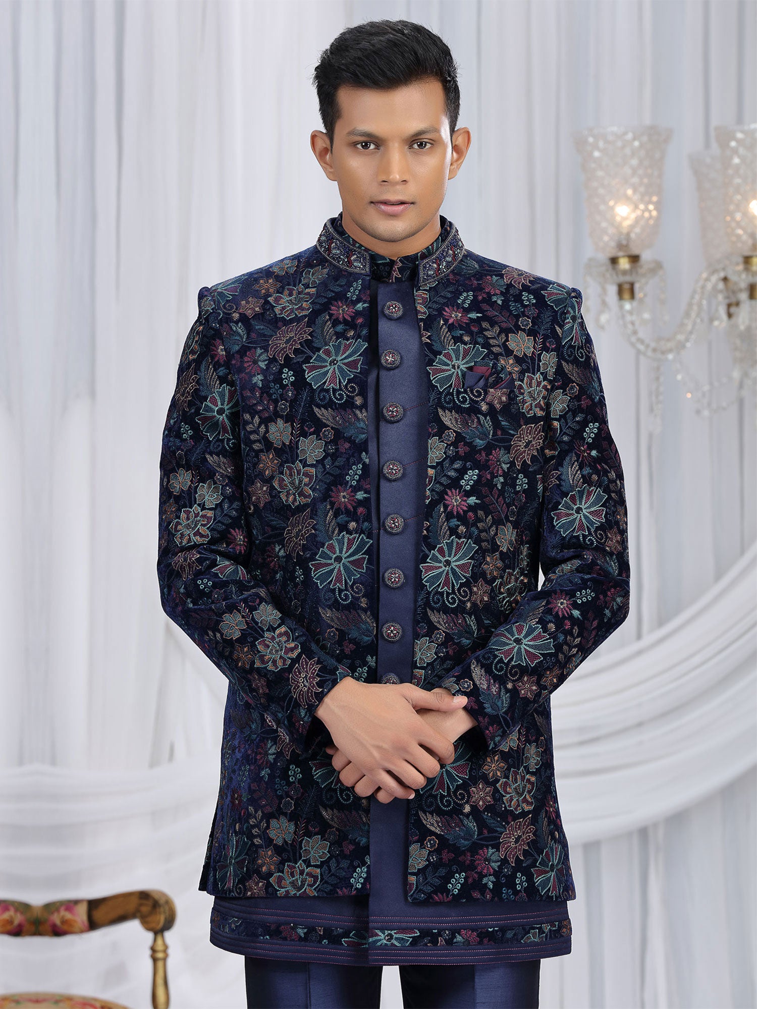 Blue Floral Thread Embroidered Indo Western Set