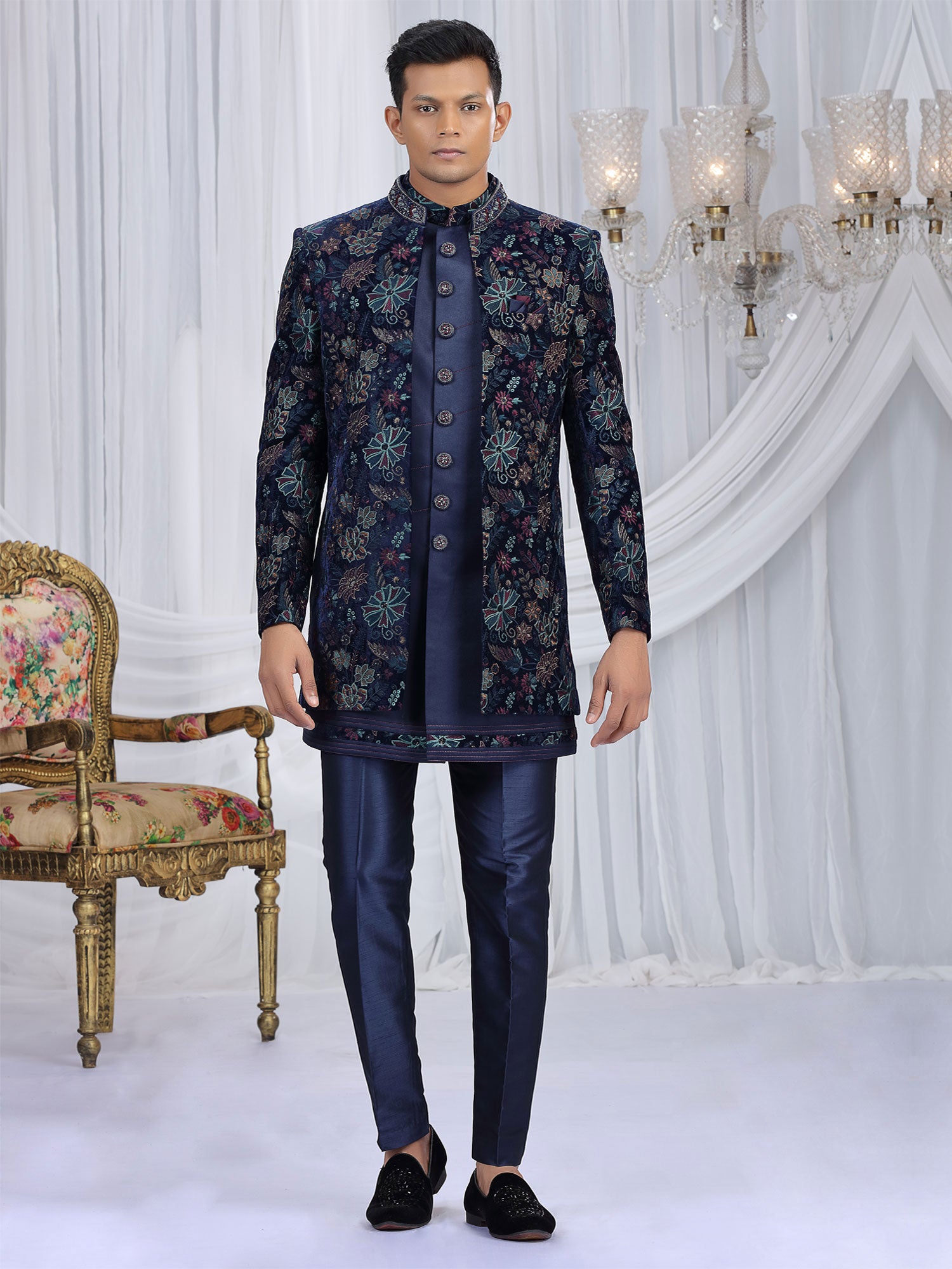 Blue Floral Thread Embroidered Indo Western Set