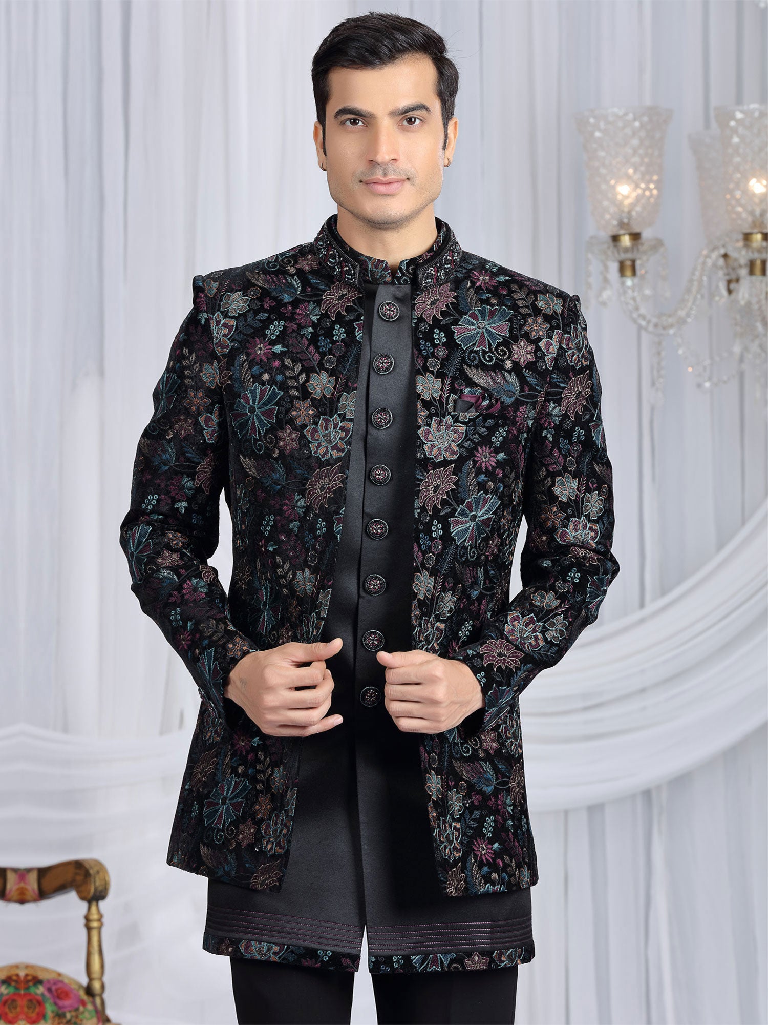 Black Velvet Indowestern With Embroidered Jacket