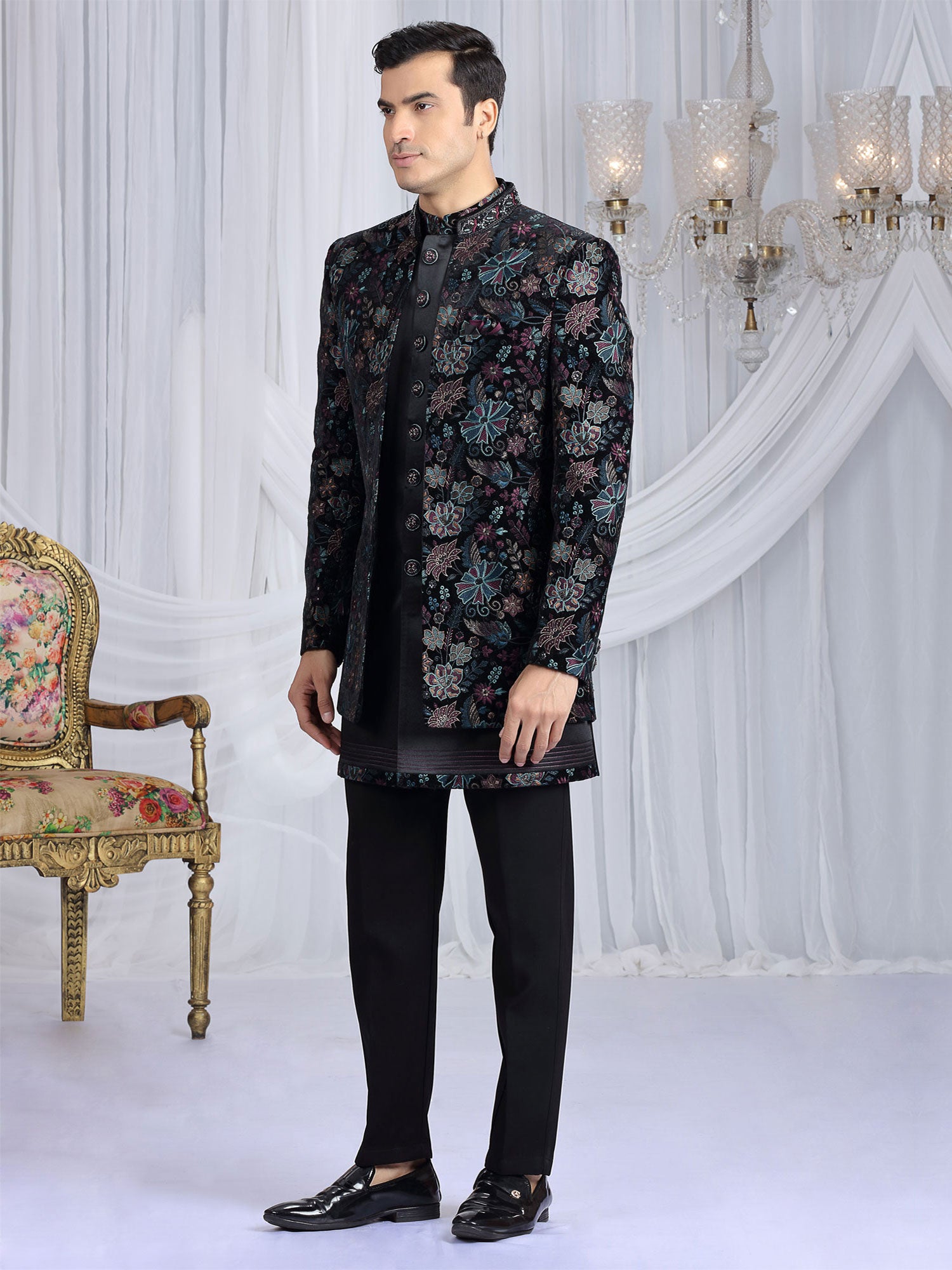 Black Velvet Indowestern With Embroidered Jacket