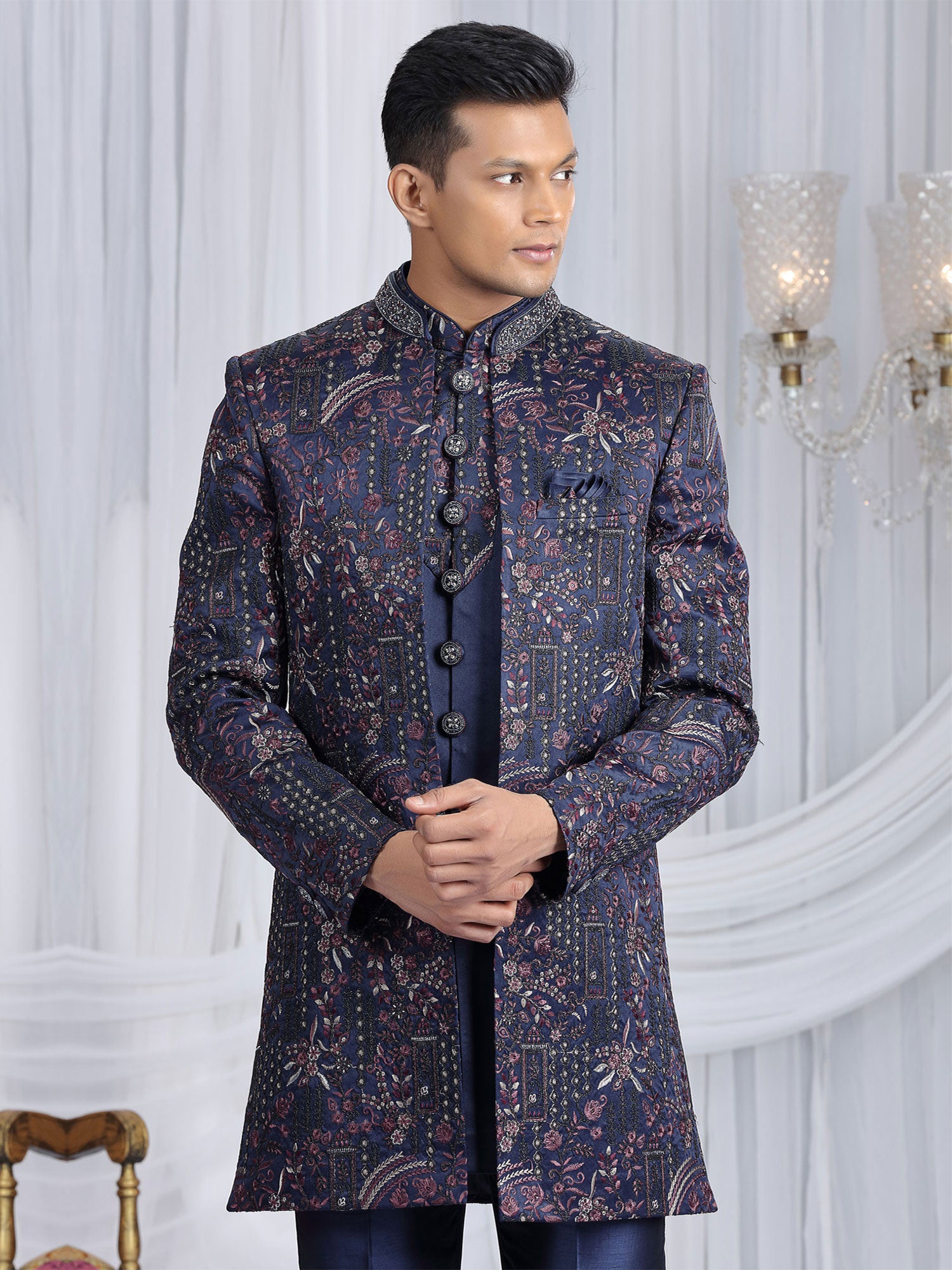 Blue Men's Indowestern With Jacket In Thread Work