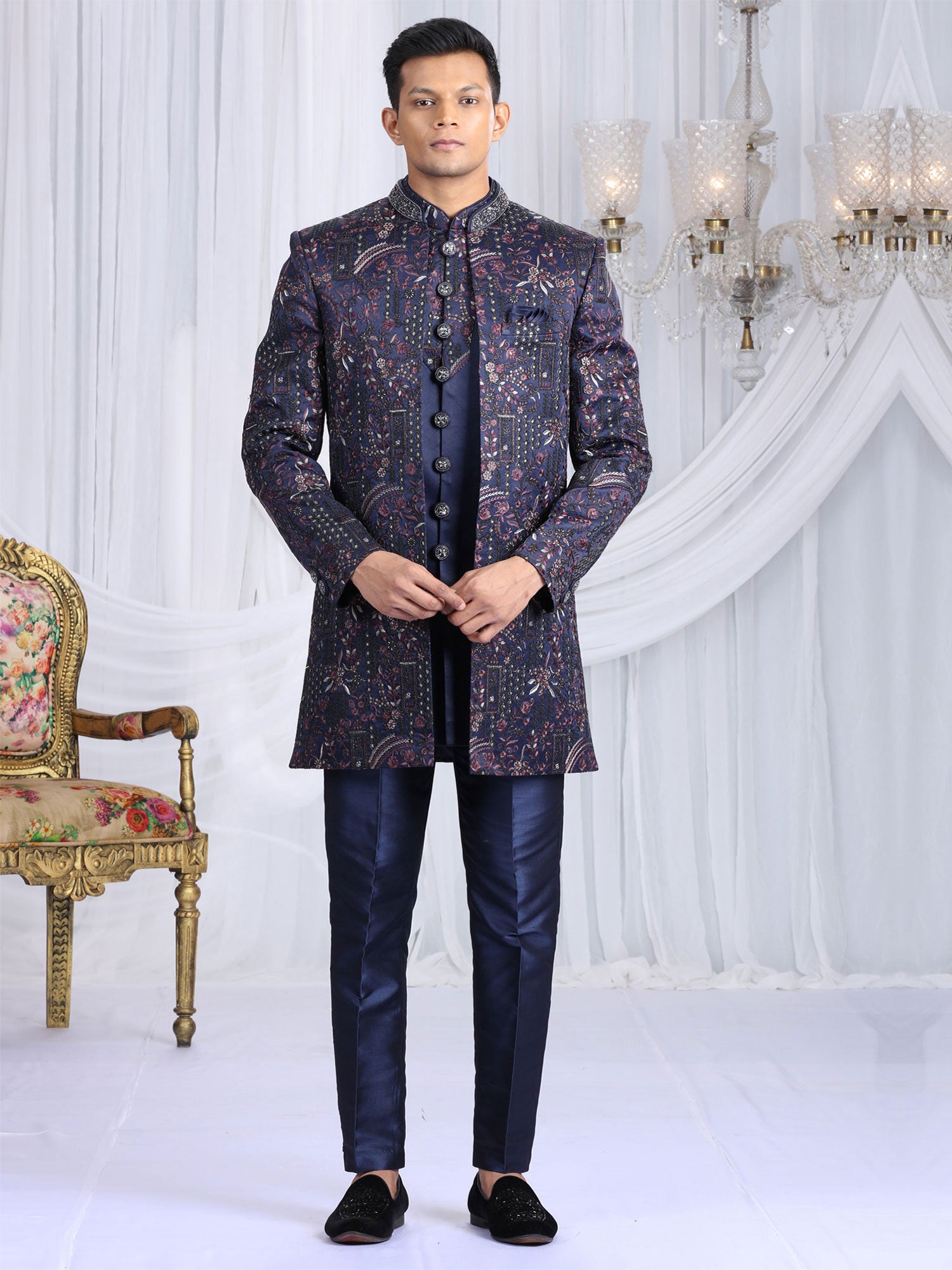Blue Men's Indowestern With Jacket In Thread Work
