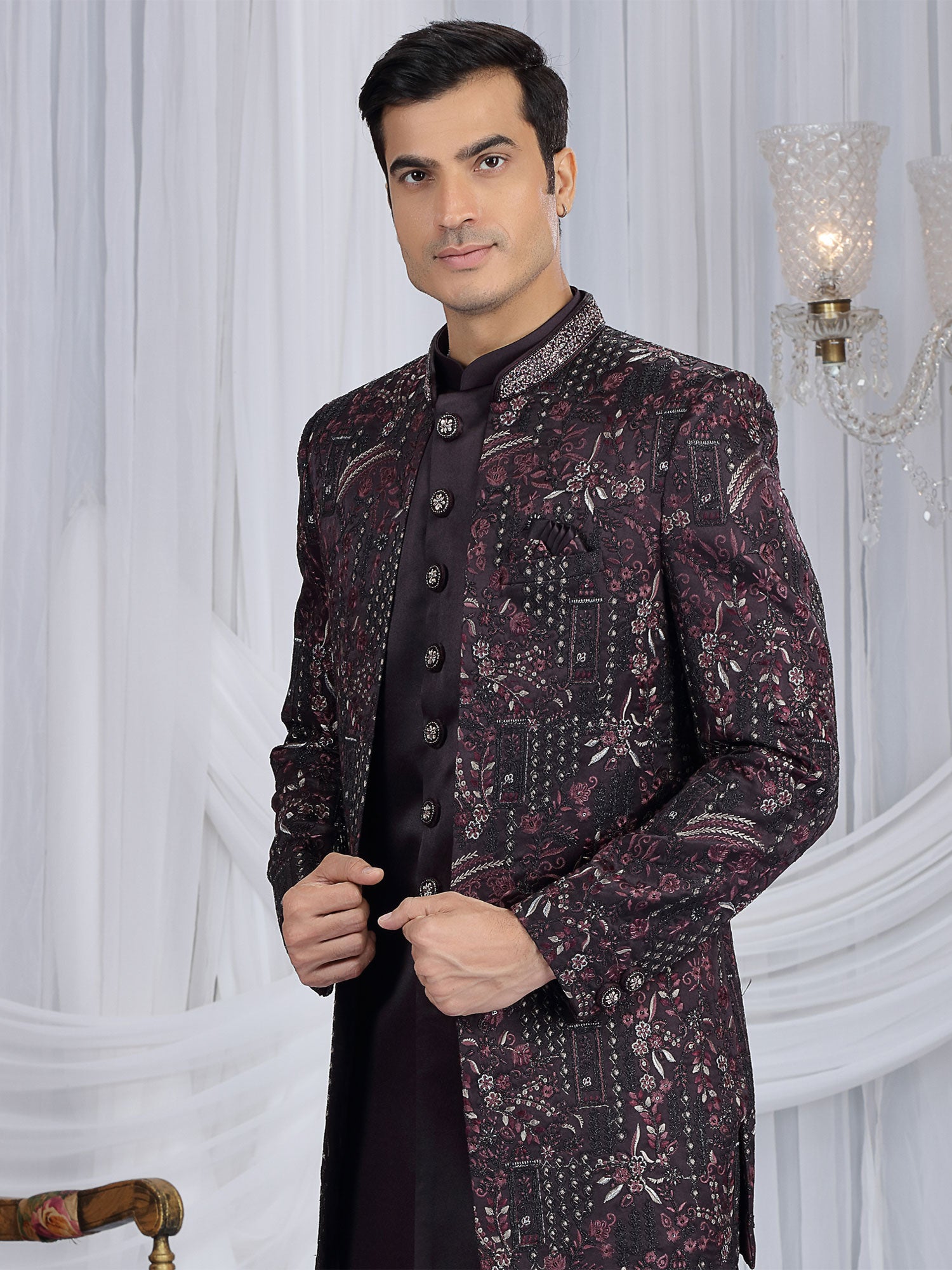 Dark Wine Jacket Style Men's Indowestern Set