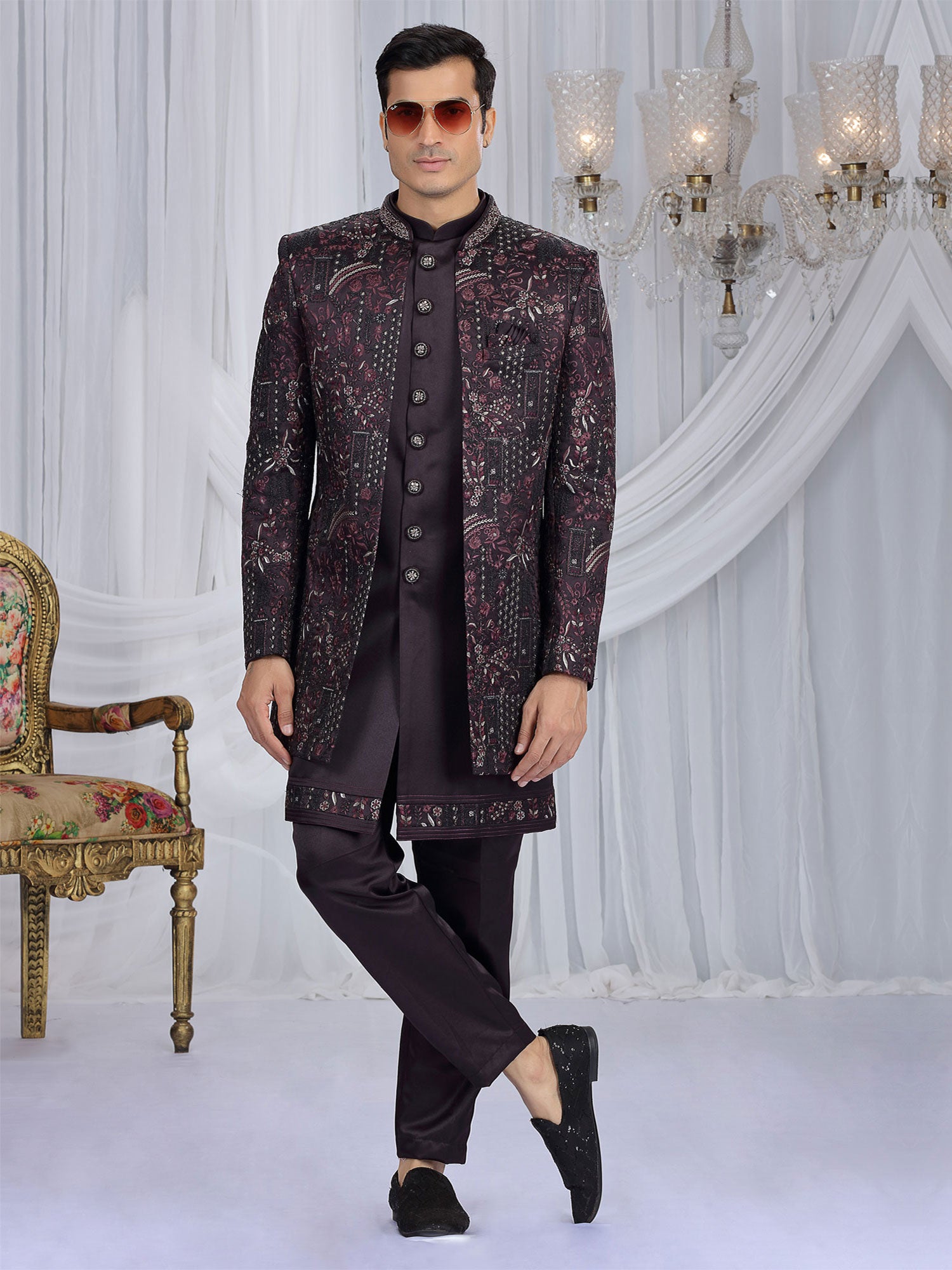 Dark Wine Jacket Style Men's Indowestern Set