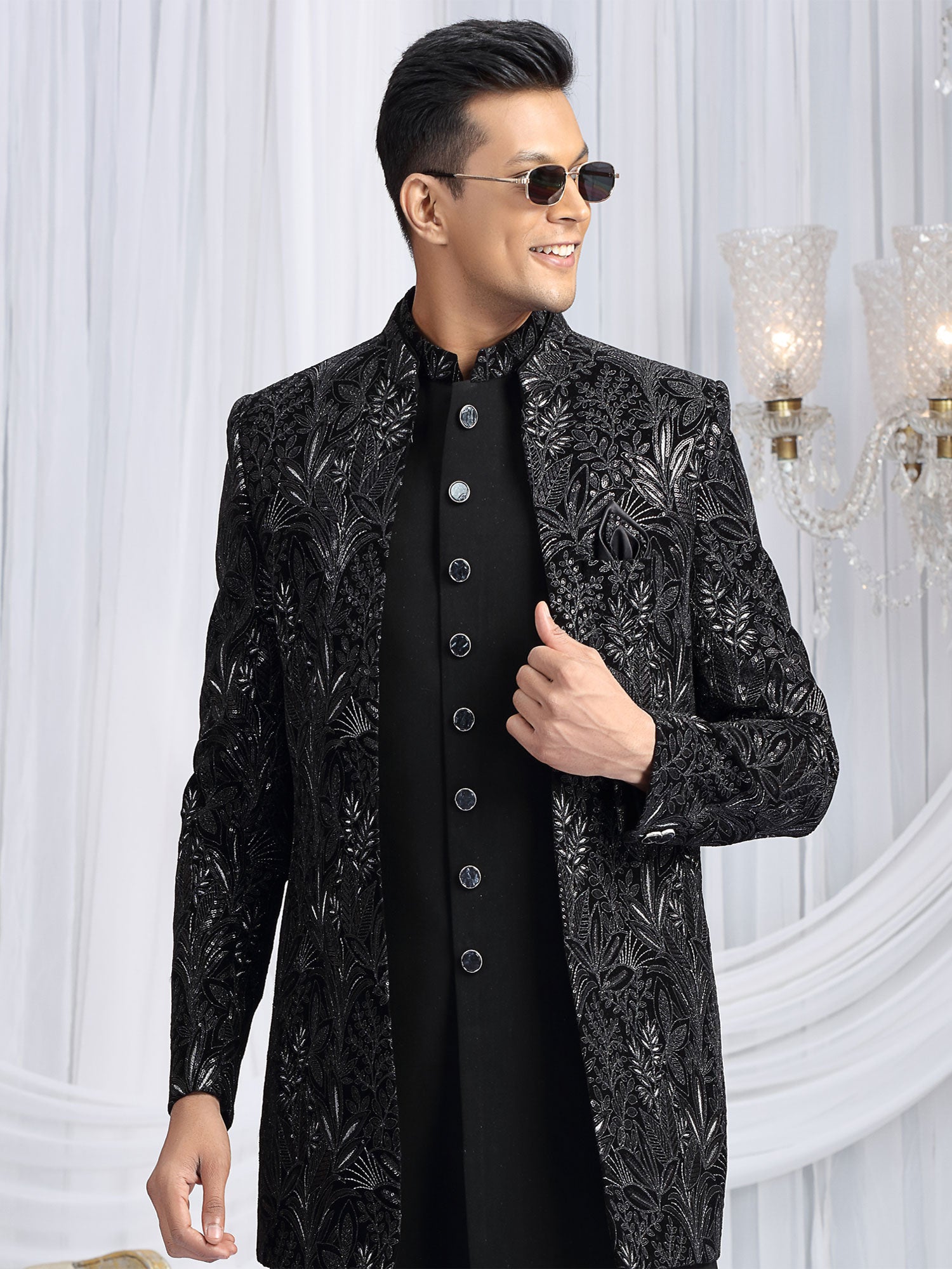 Black Velvet Indo Western In Heavy Floral Embroidery