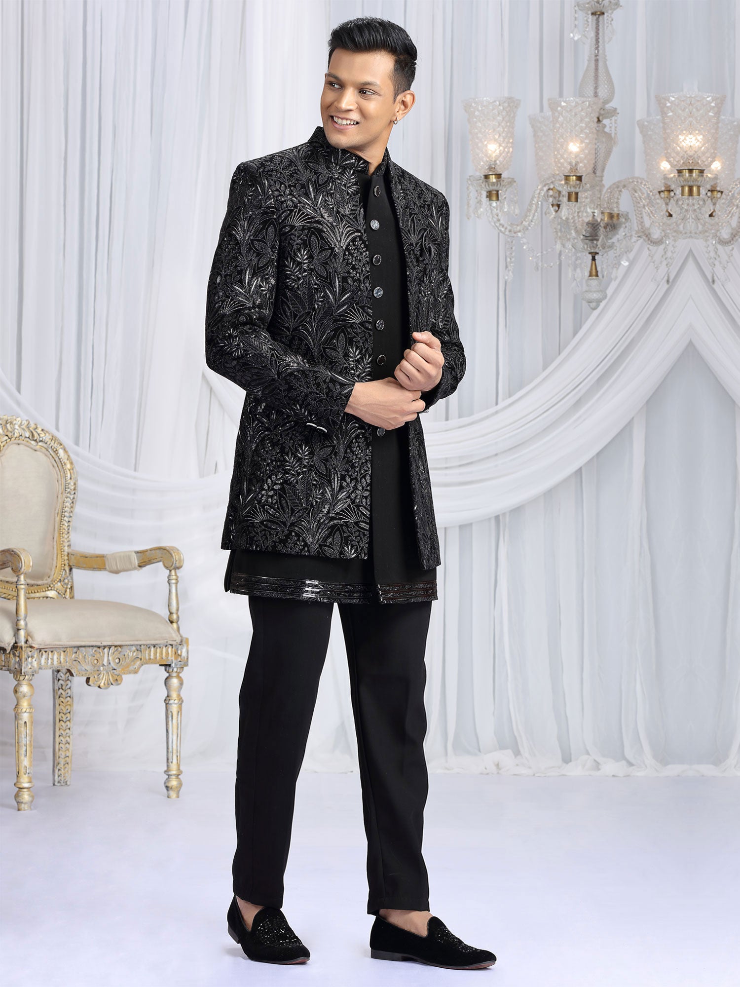 Black Velvet Indo Western In Heavy Floral Embroidery
