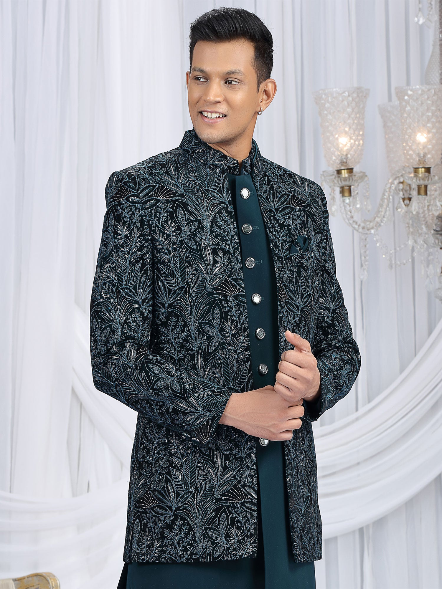 Teal Blue Menswear Indowestern With Velvet Jacket