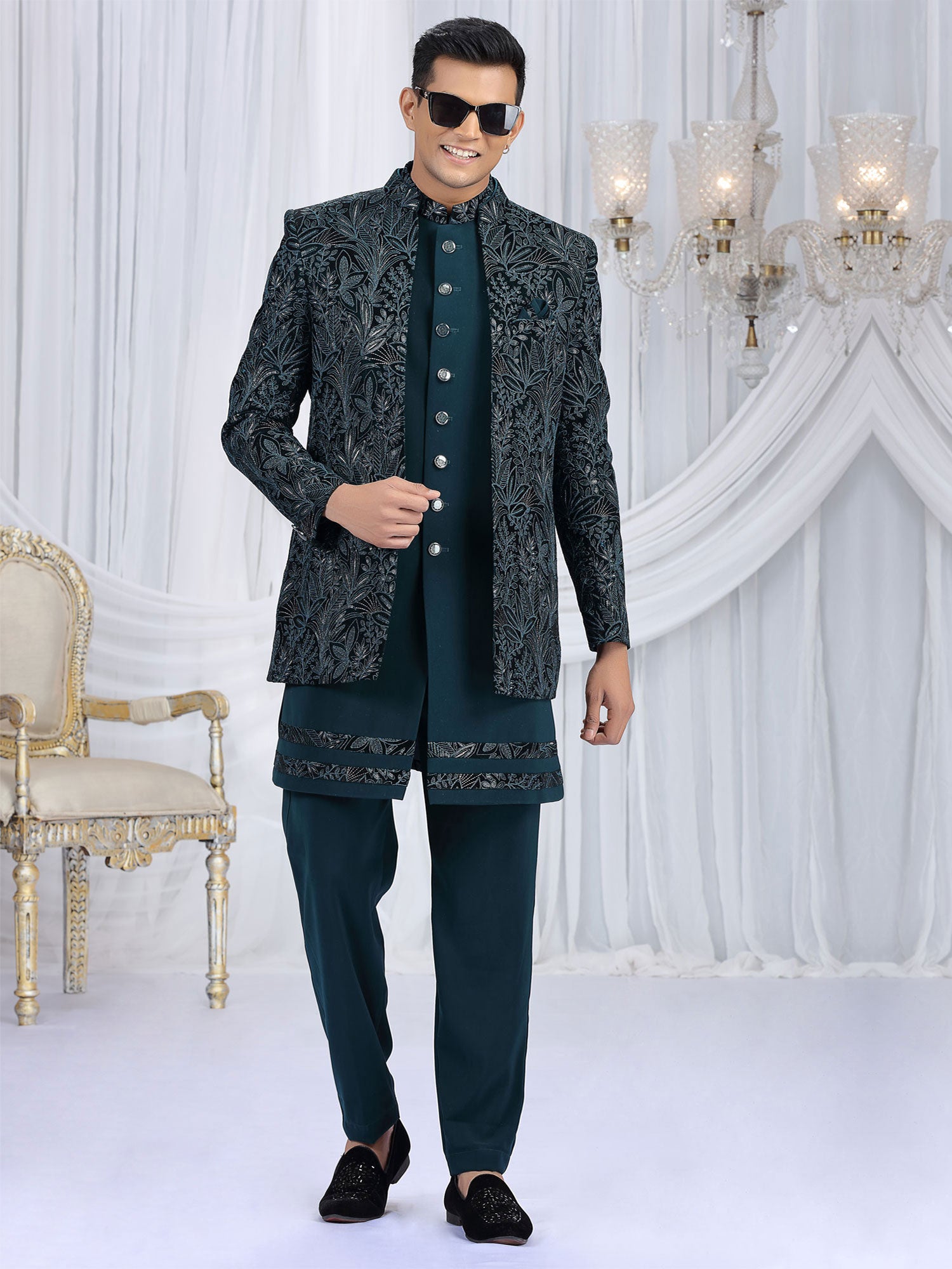 Teal Blue Menswear Indowestern With Velvet Jacket