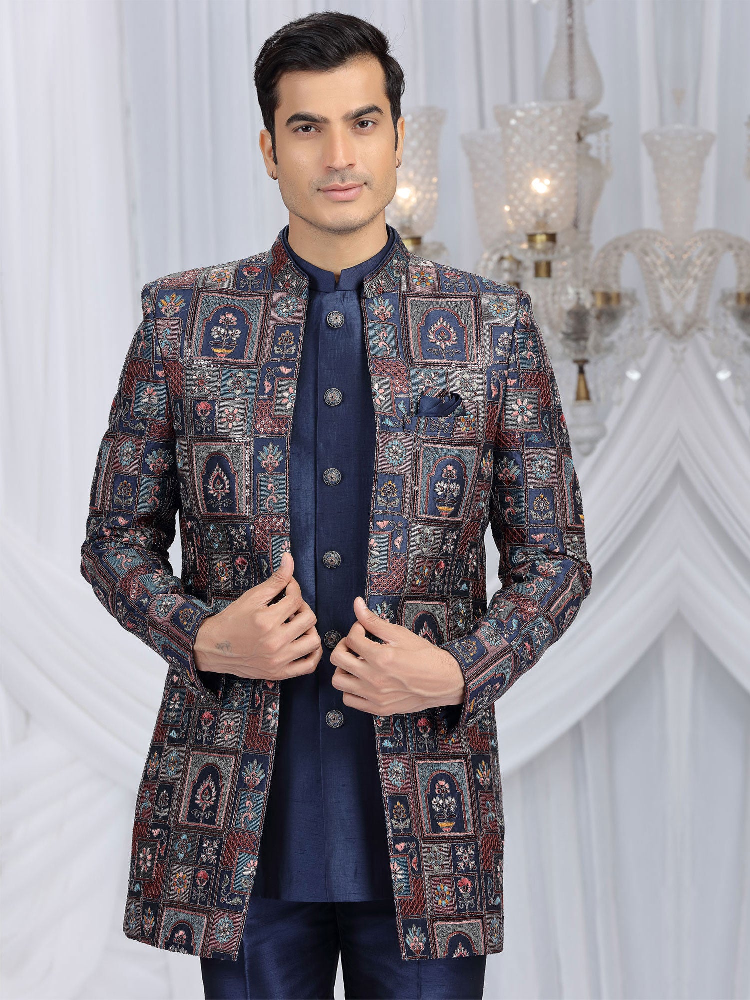 Blue Art Silk Indowestern For Mens With Jacket