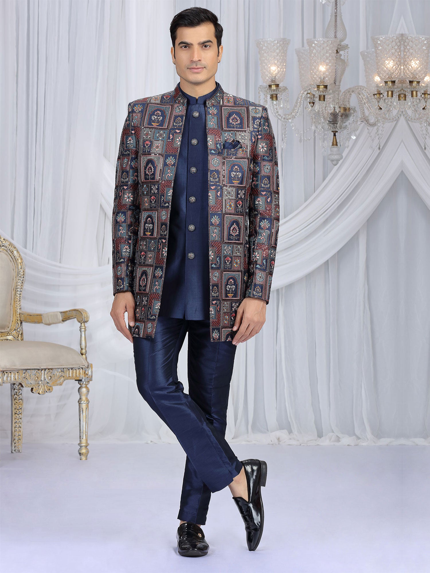 Blue Art Silk Indowestern For Mens With Jacket