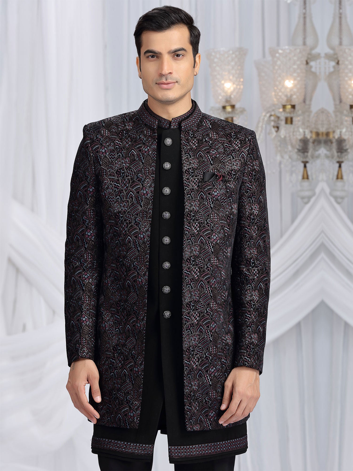Black Embroidered Indo Western Set With Jacket