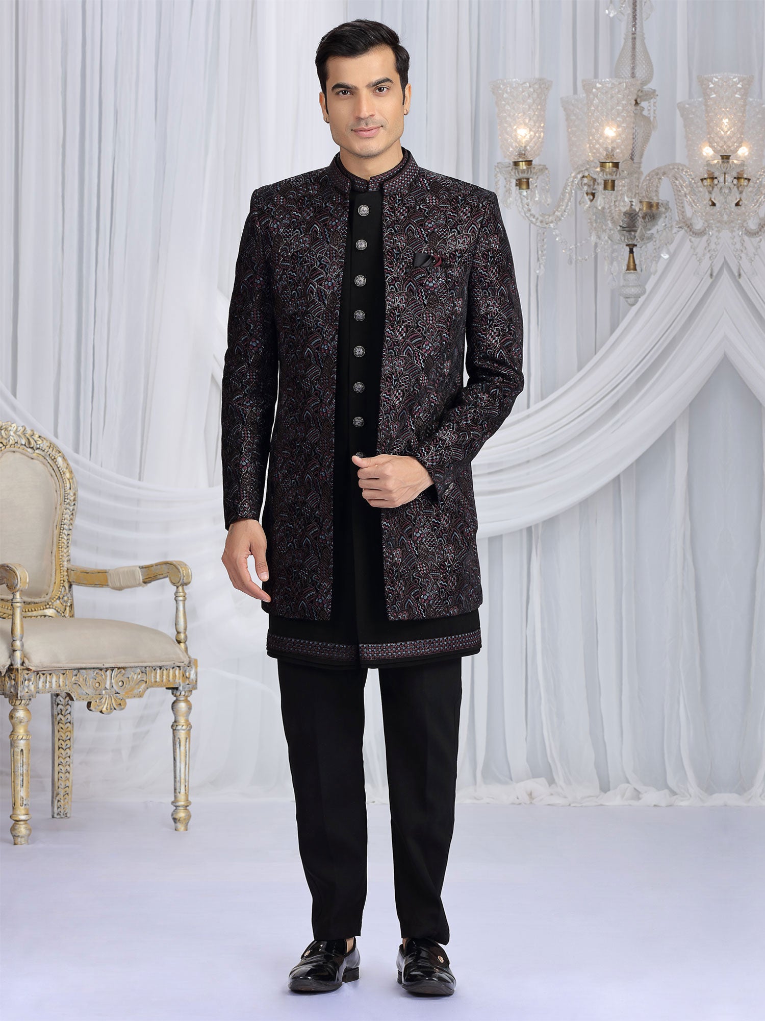 Black Embroidered Indo Western Set With Jacket