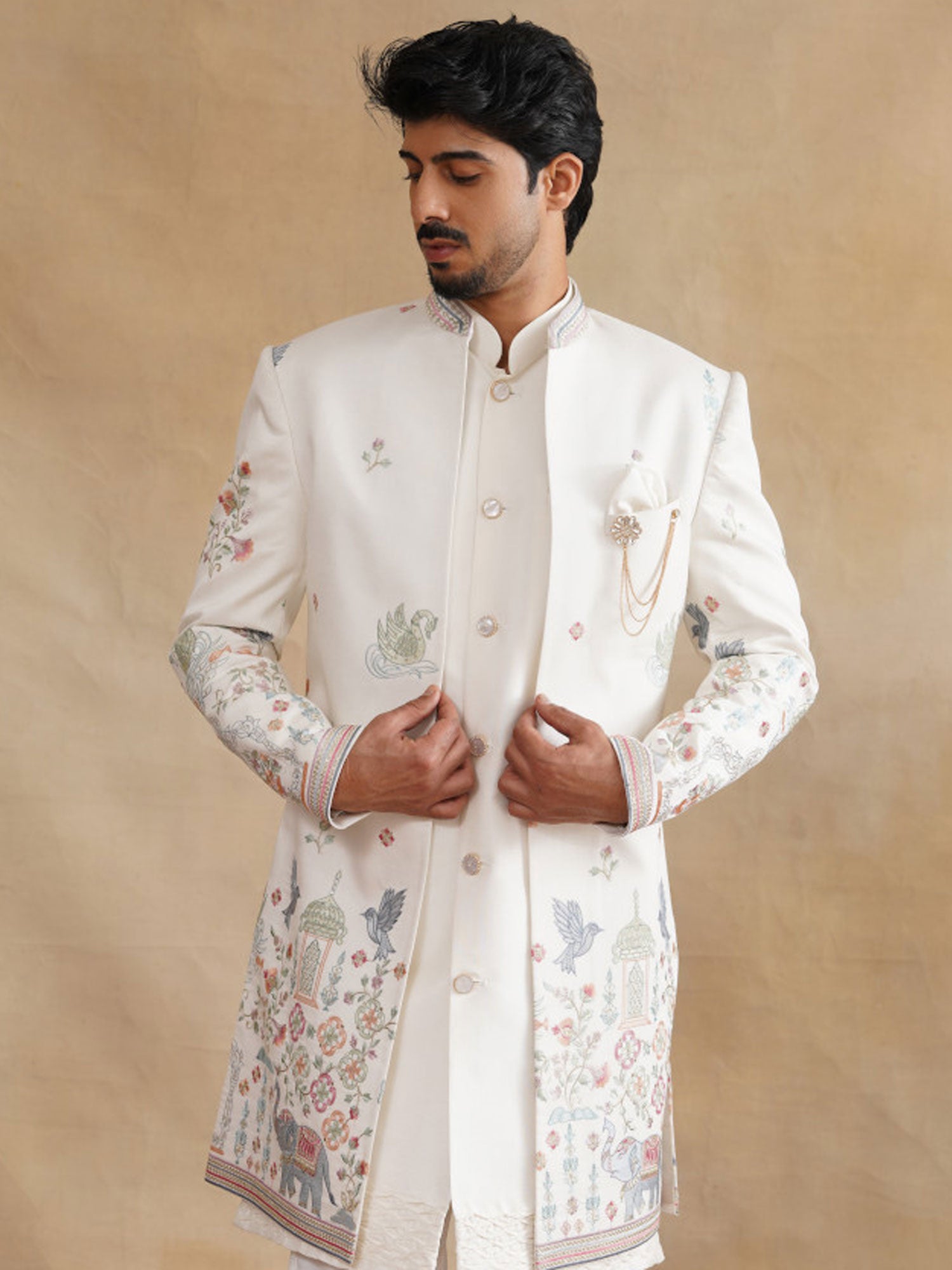 White Floral Thread Emboidered Silk Indowestern