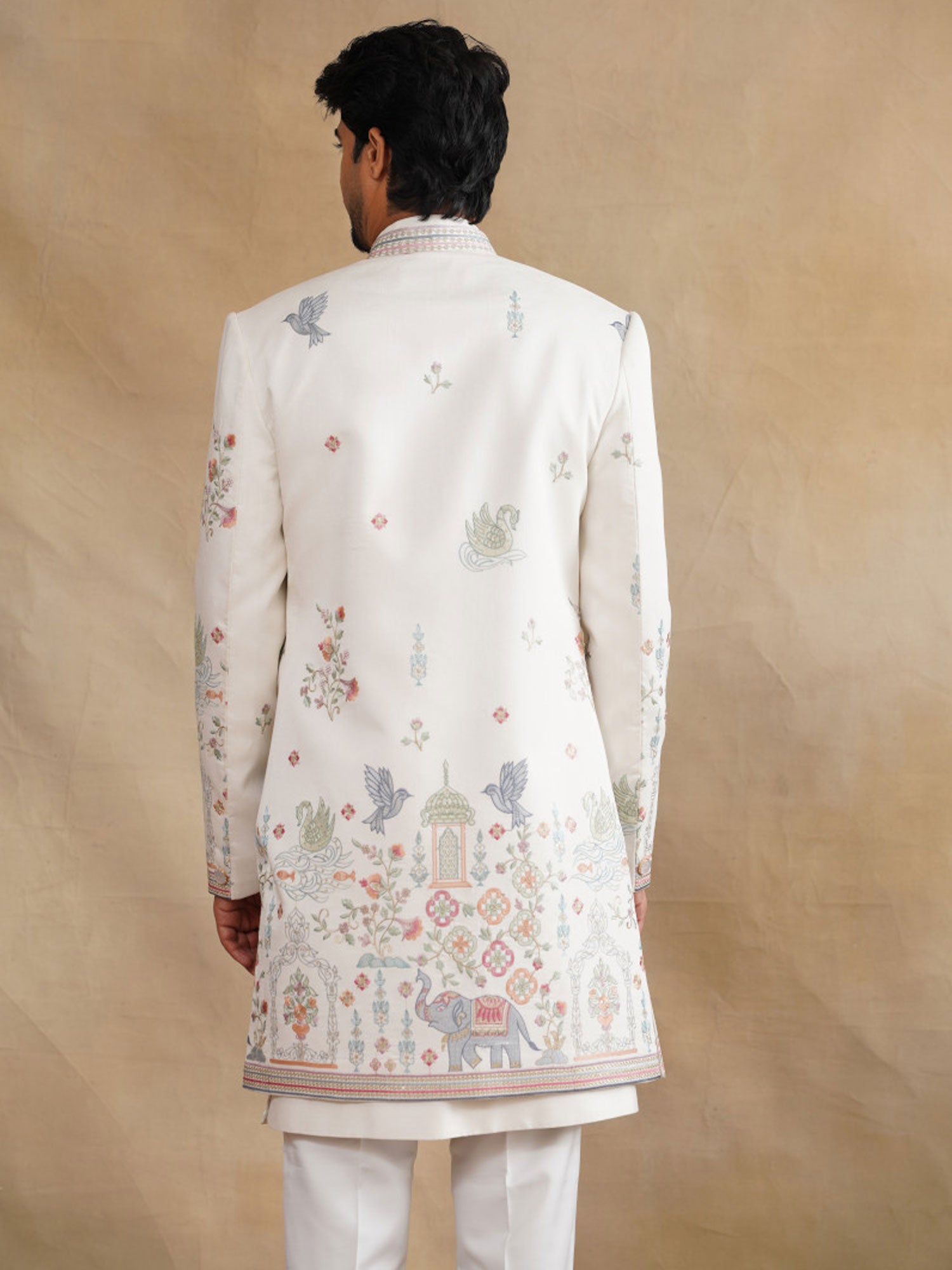 White Floral Thread Emboidered Silk Indowestern