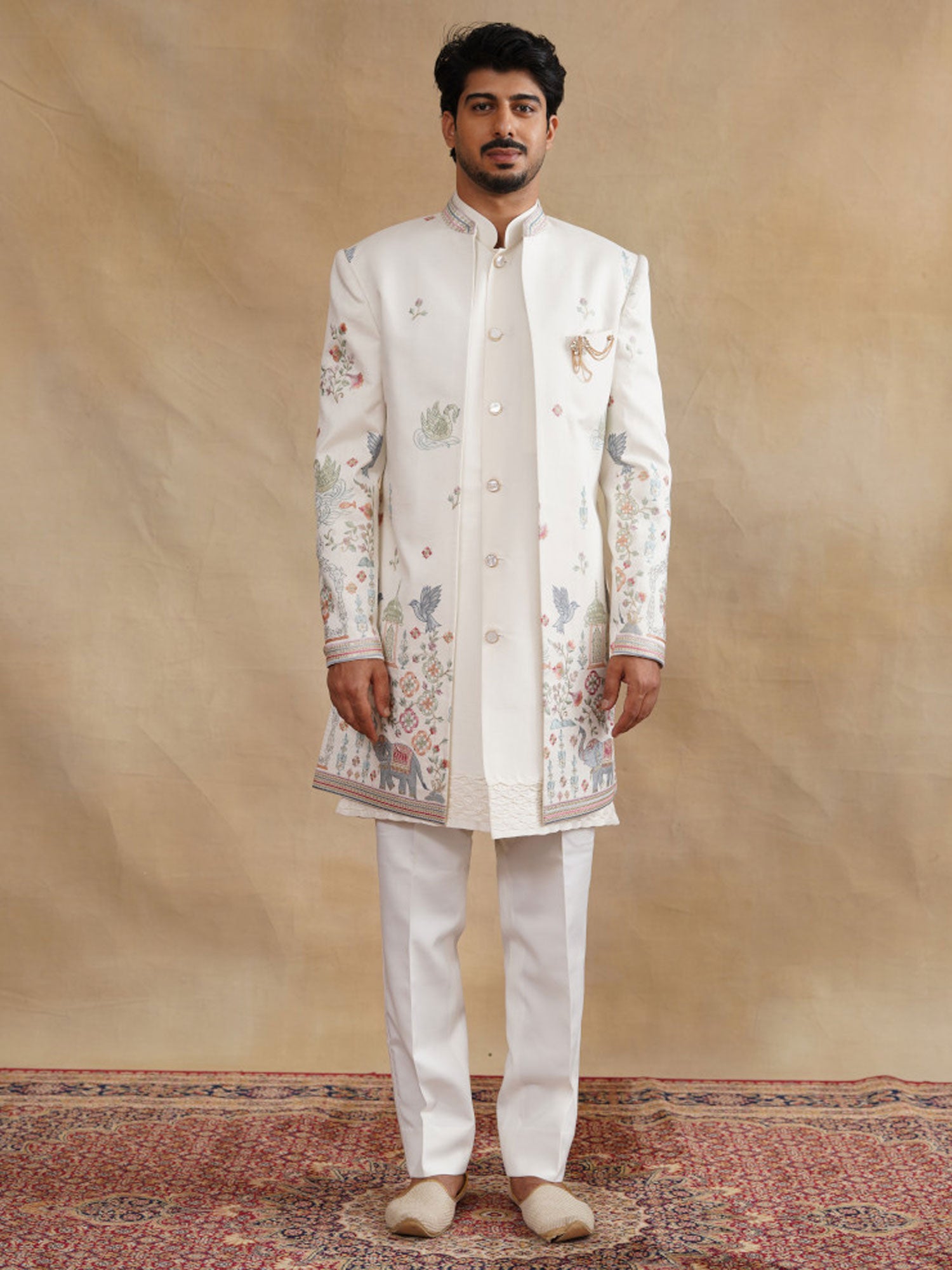 White Floral Thread Emboidered Silk Indowestern