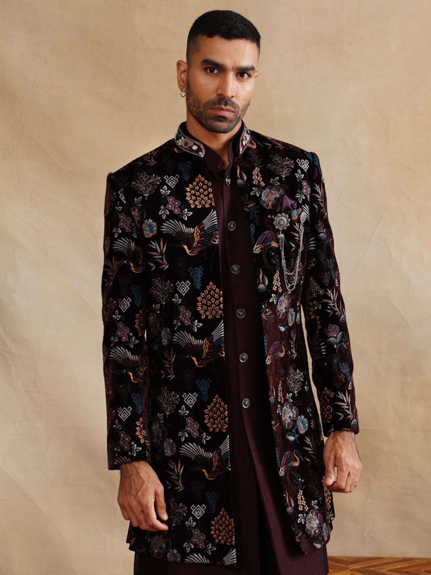 Wine Velvet Indo Western With Embroidered Jacket