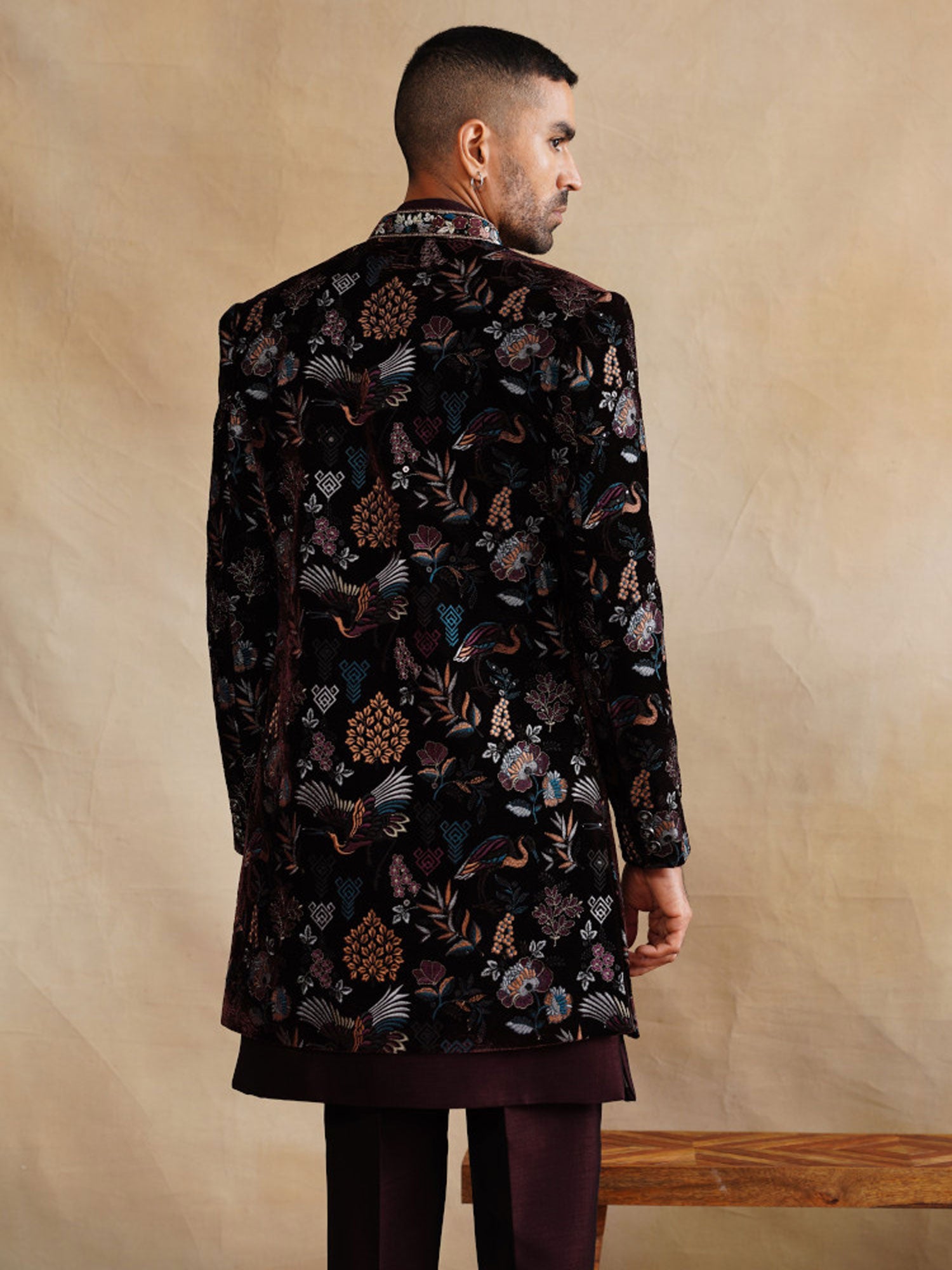 Wine Velvet Indo Western With Embroidered Jacket
