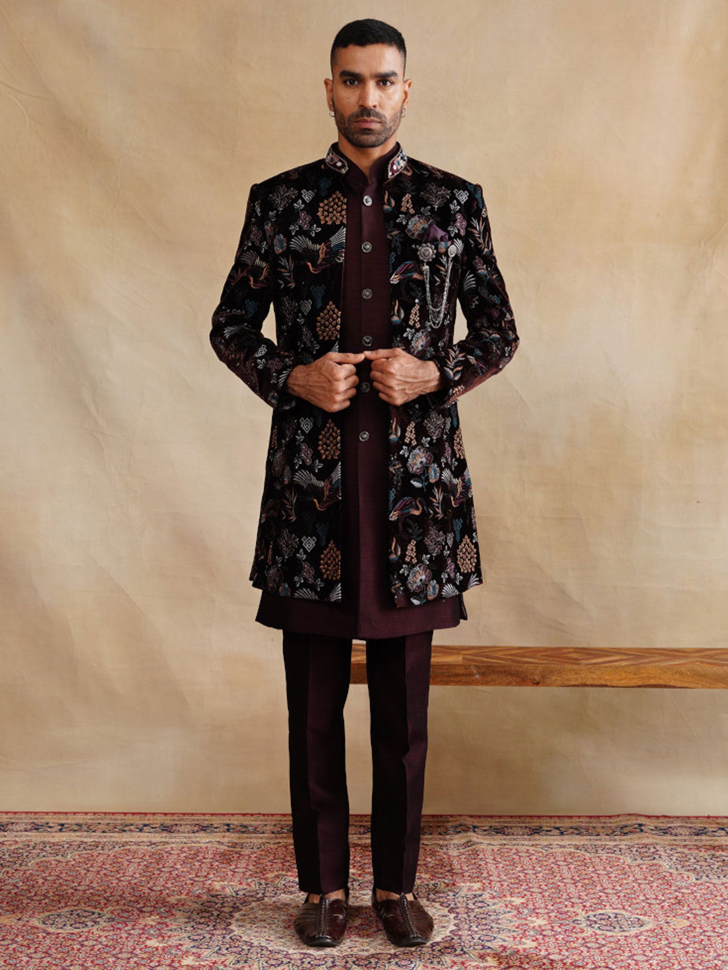 Wine Velvet Indo Western With Embroidered Jacket