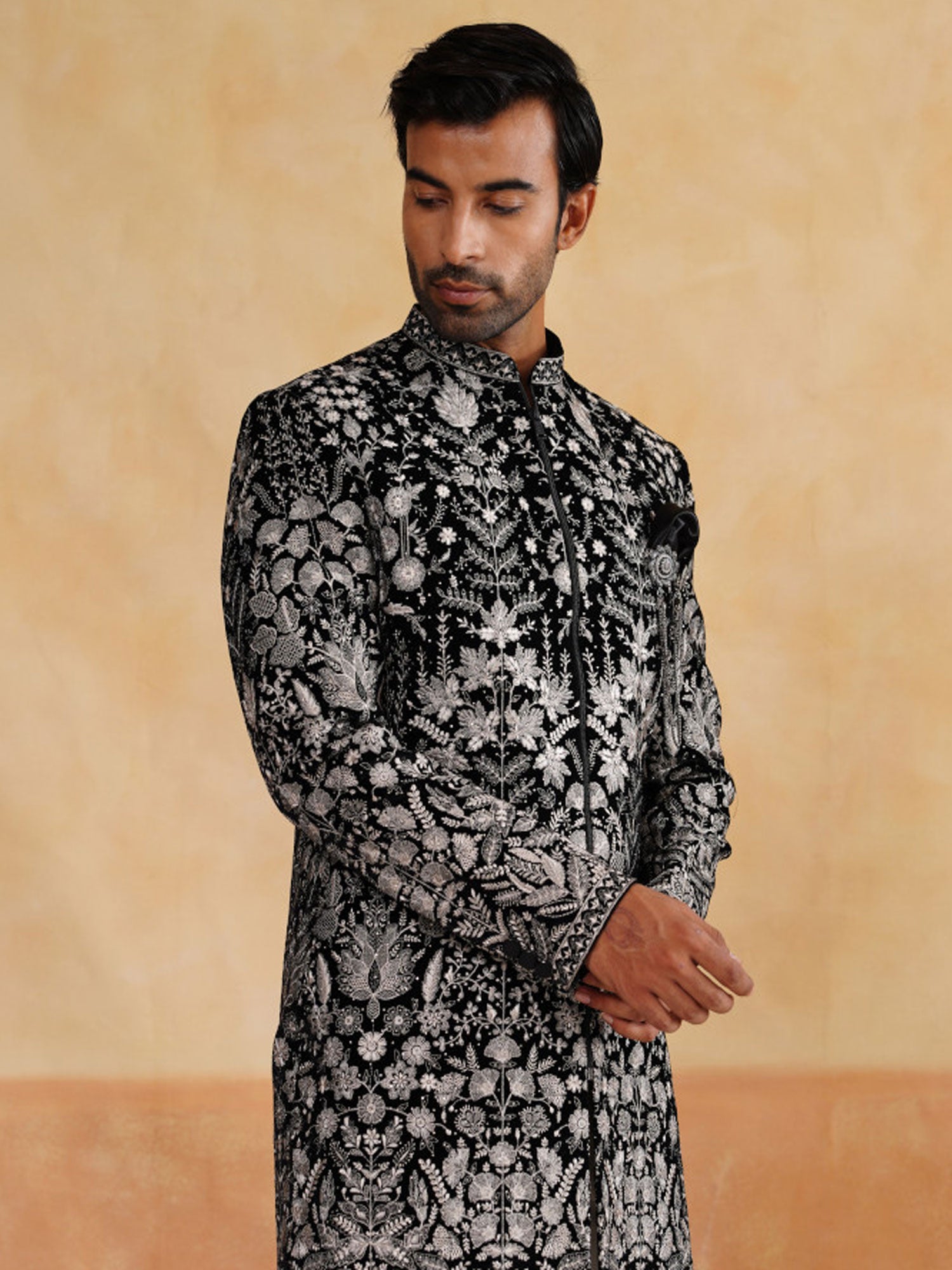 Black Menswear Velvet Indowestern In Floral Work