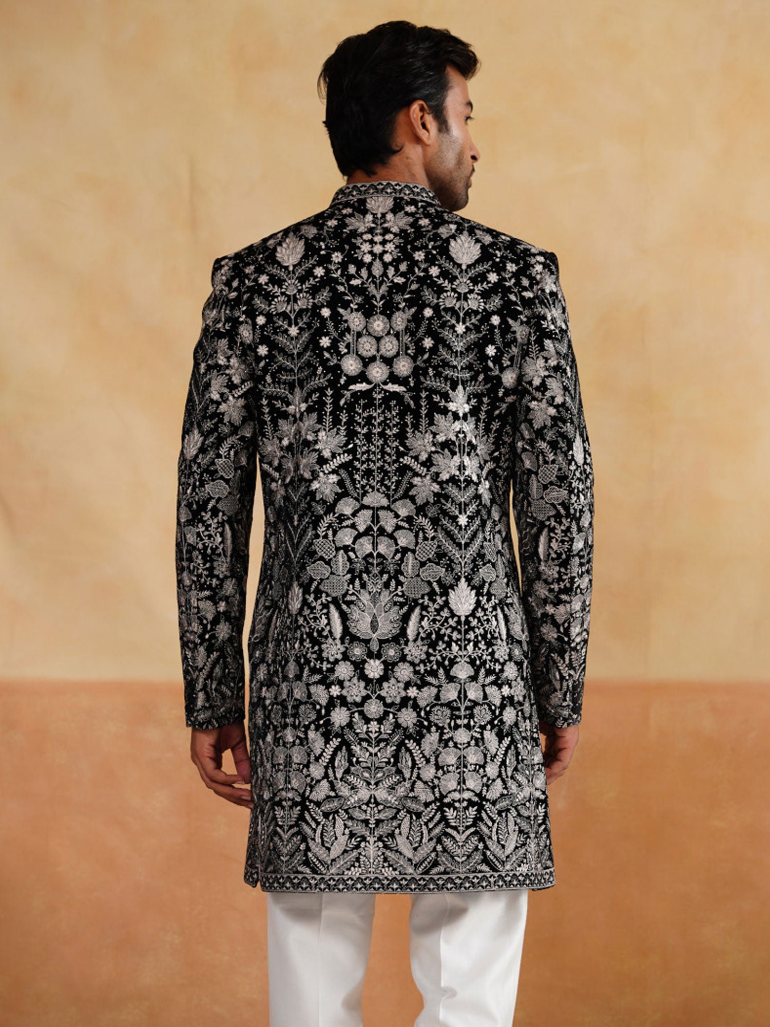 Black Menswear Velvet Indowestern In Floral Work