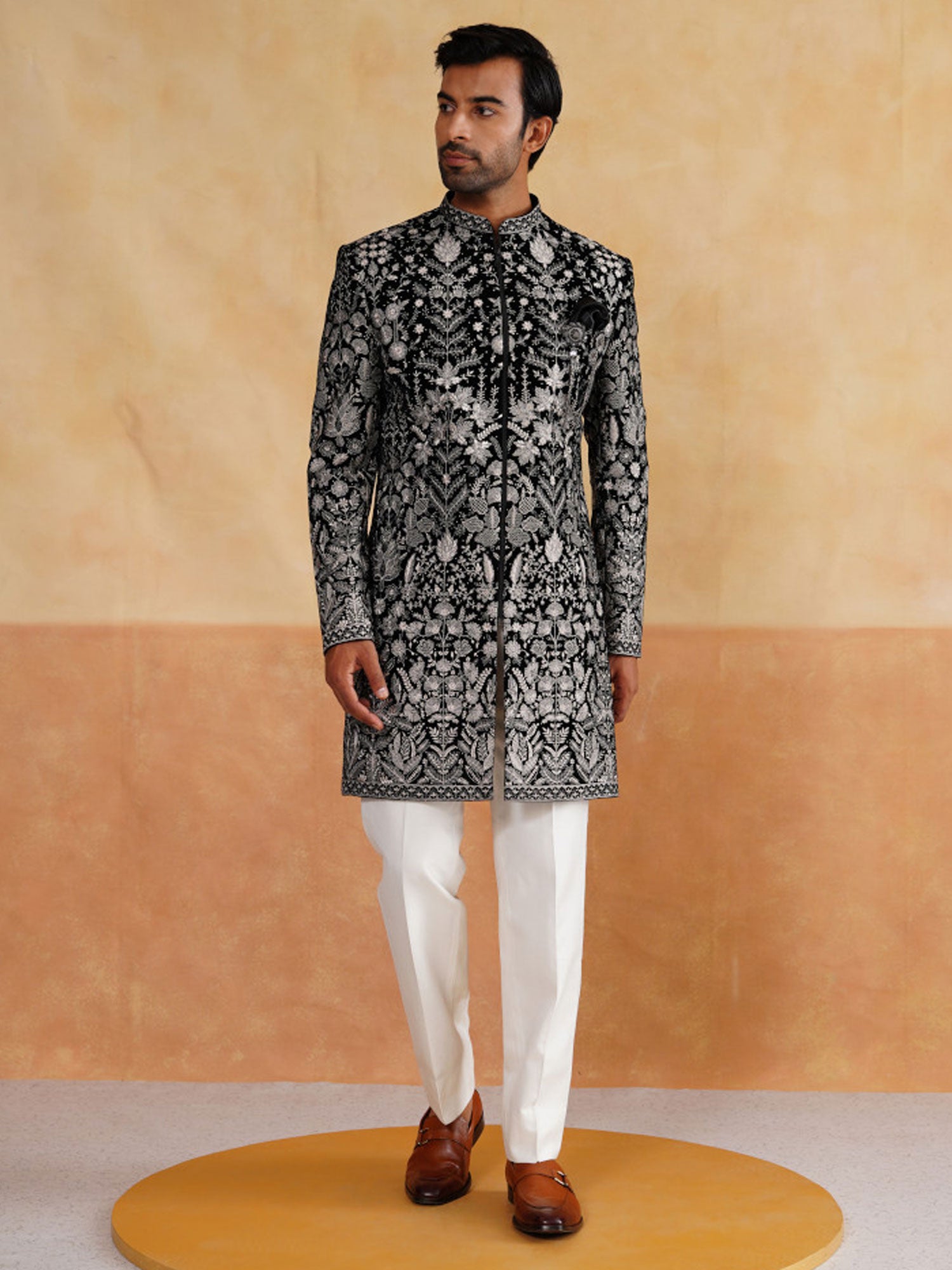 Black Menswear Velvet Indowestern In Floral Work