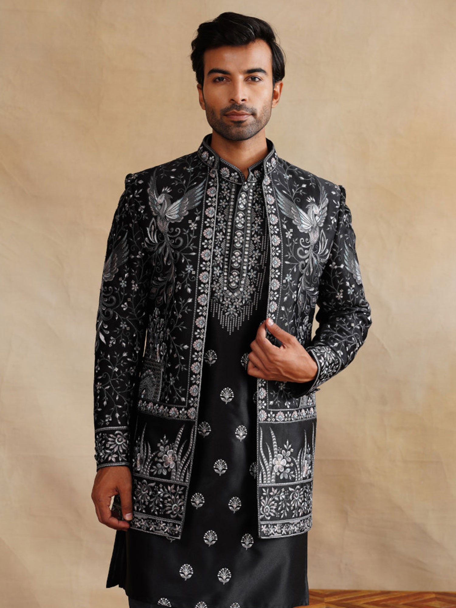 Black Embroidered Wedding Indo Western Set