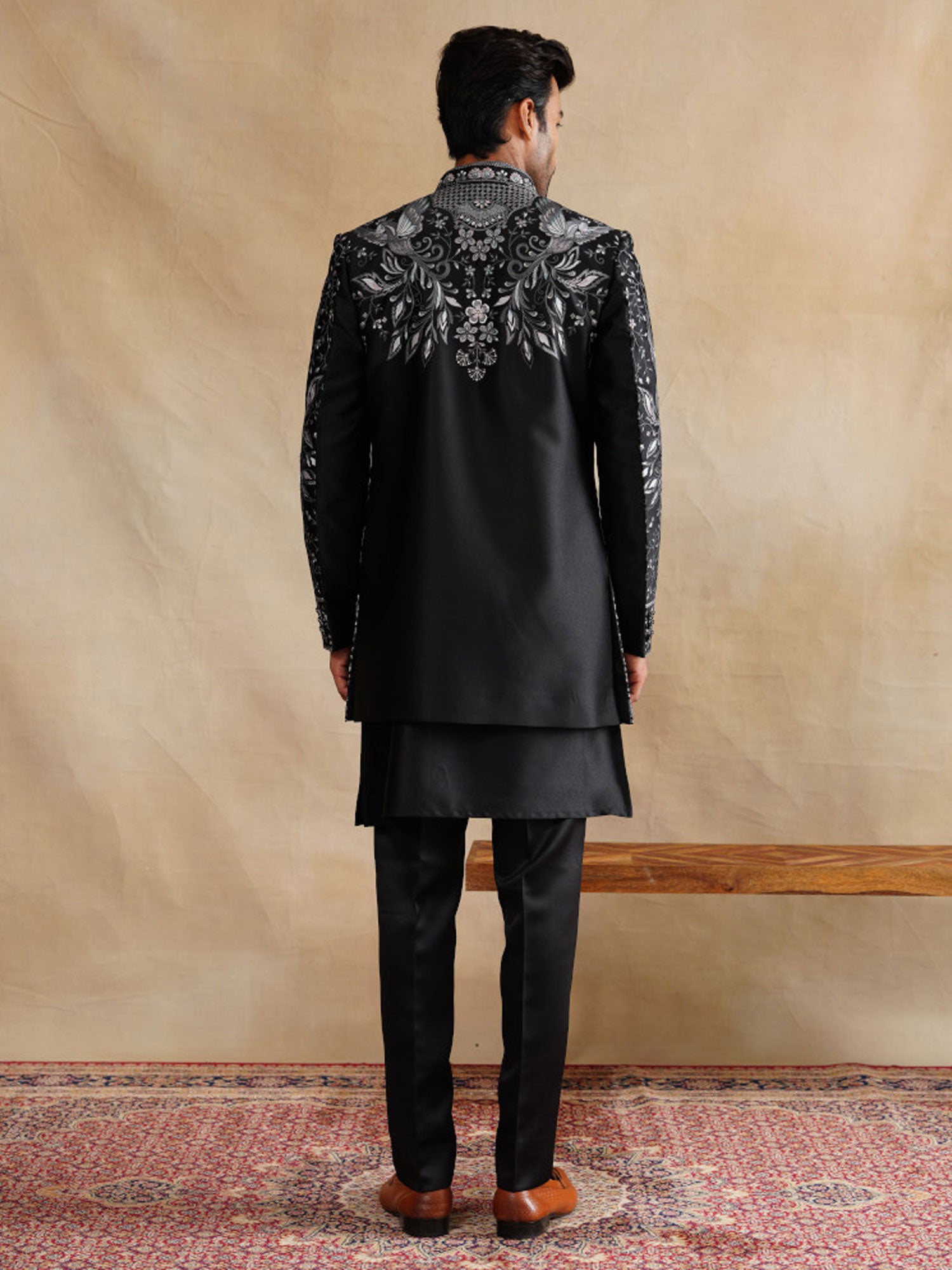 Black Embroidered Wedding Indo Western Set