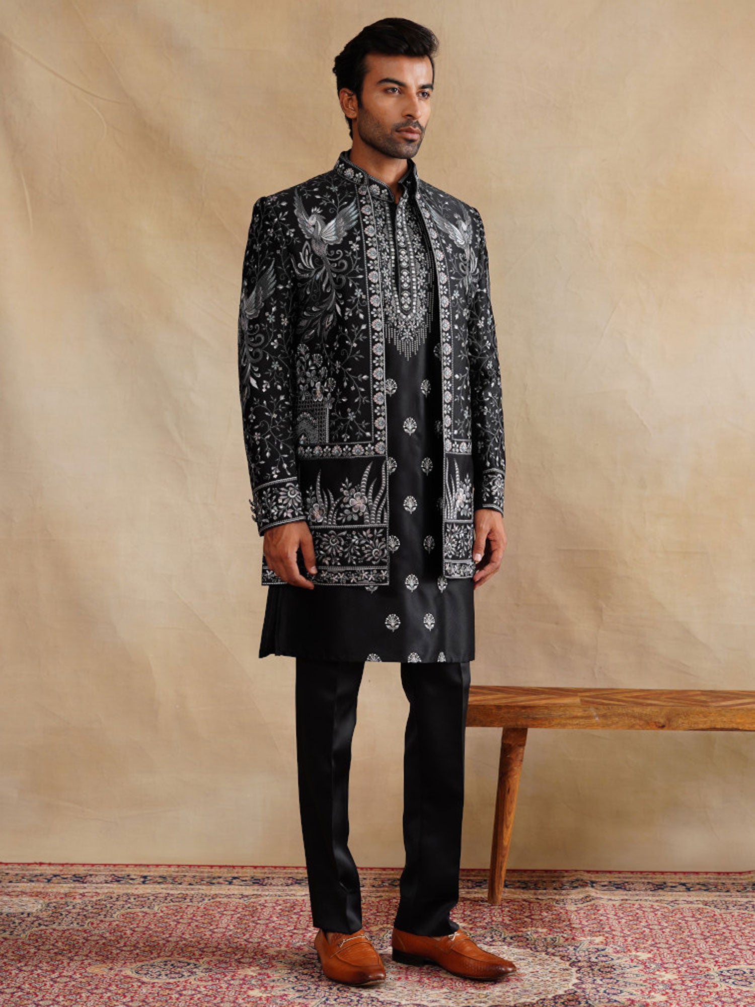 Black Embroidered Wedding Indo Western Set