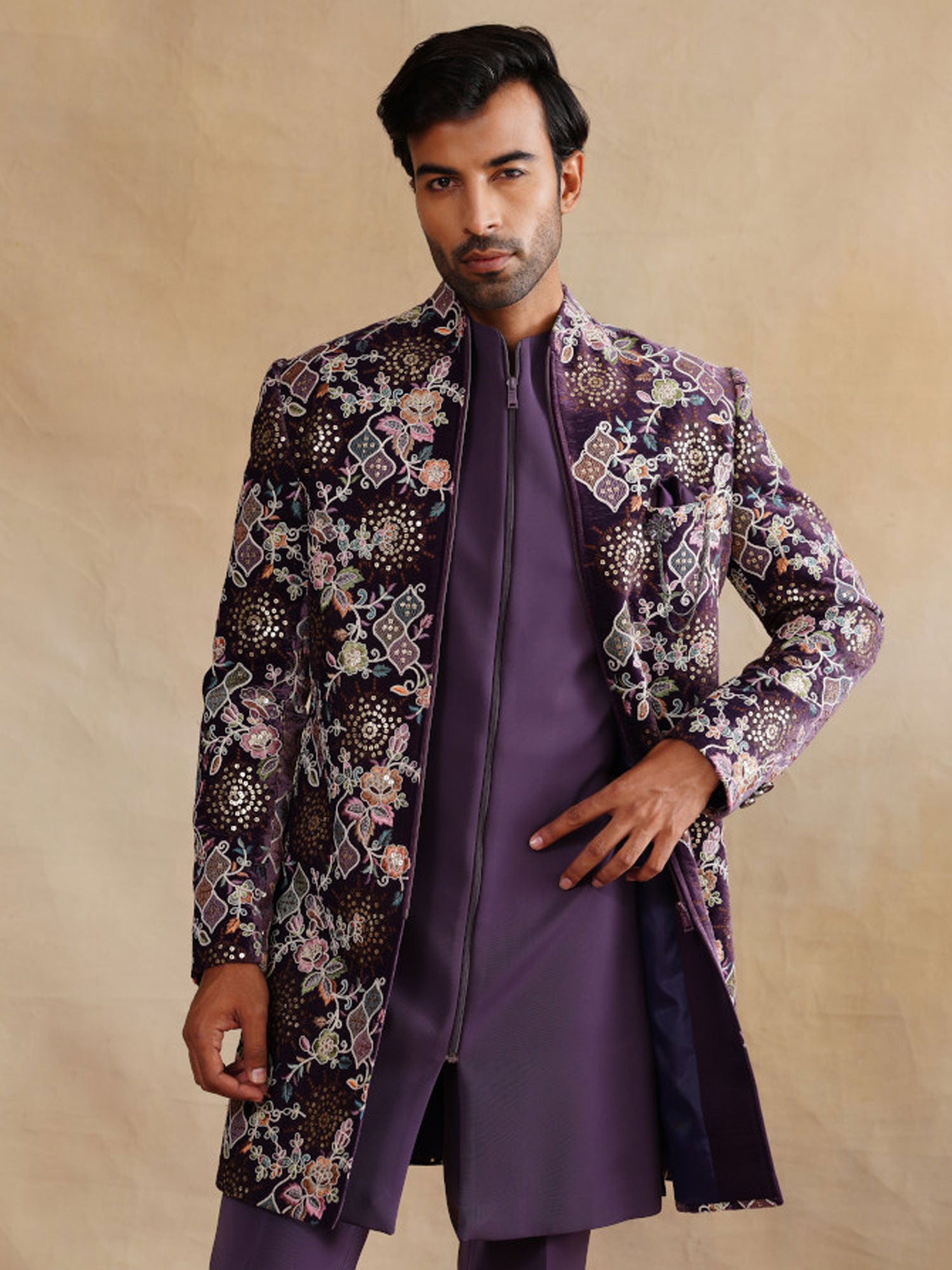 Purple Wedding Indo Western In Velvet With Jacket
