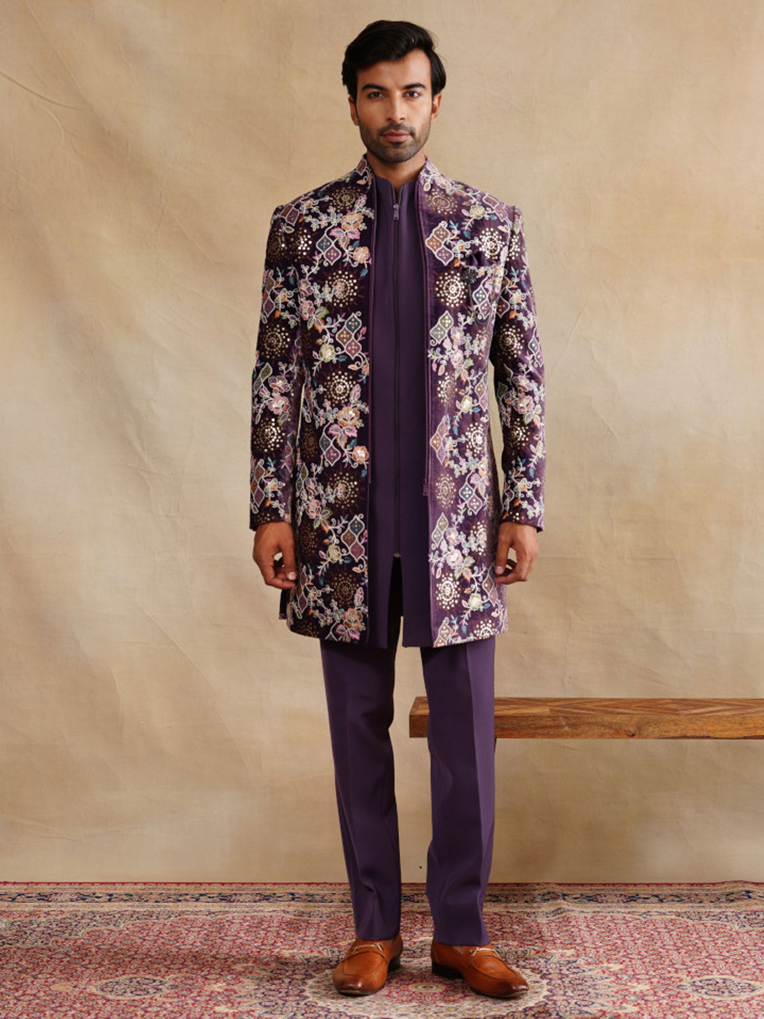 Purple Wedding Indo Western In Velvet With Jacket