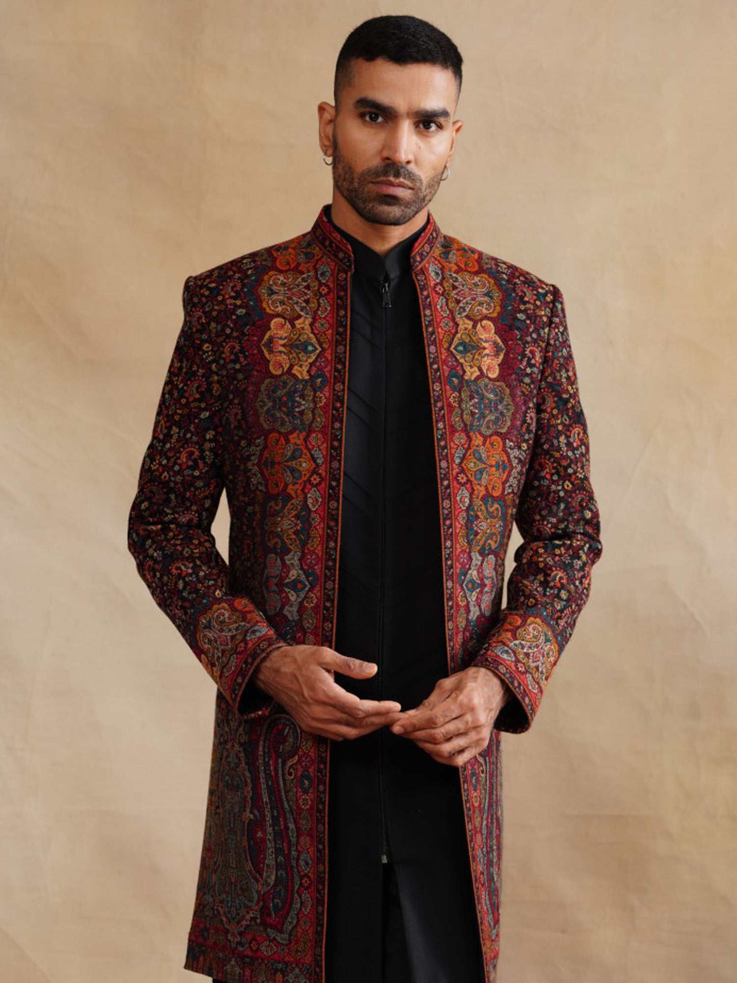 Black Silk Indowestern For Men's In Floral Work