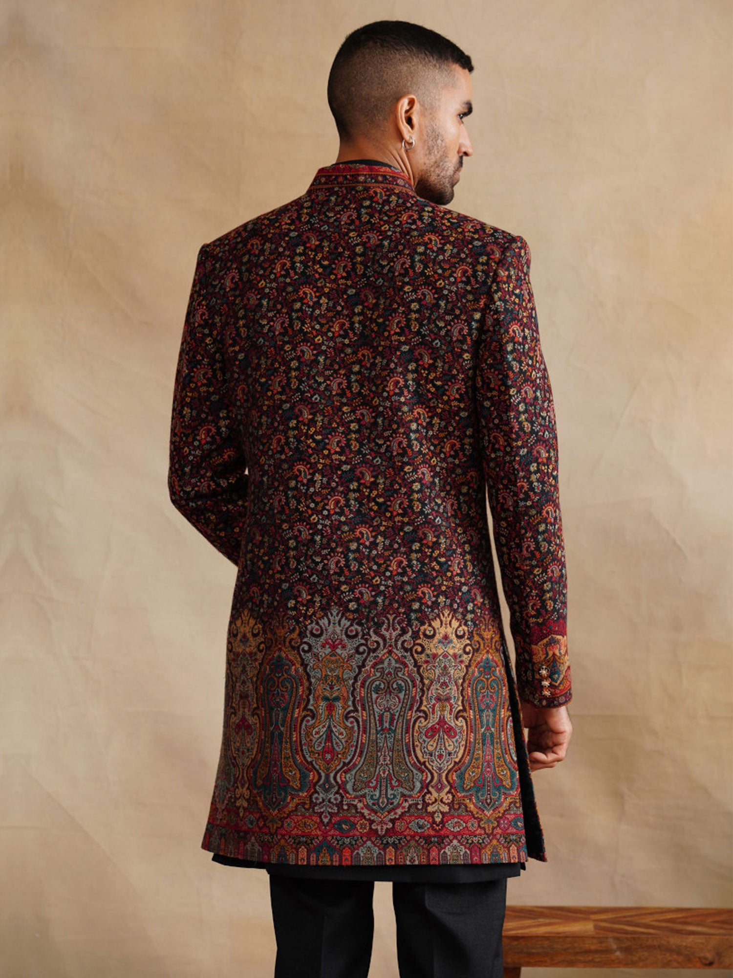 Black Silk Indowestern For Men's In Floral Work