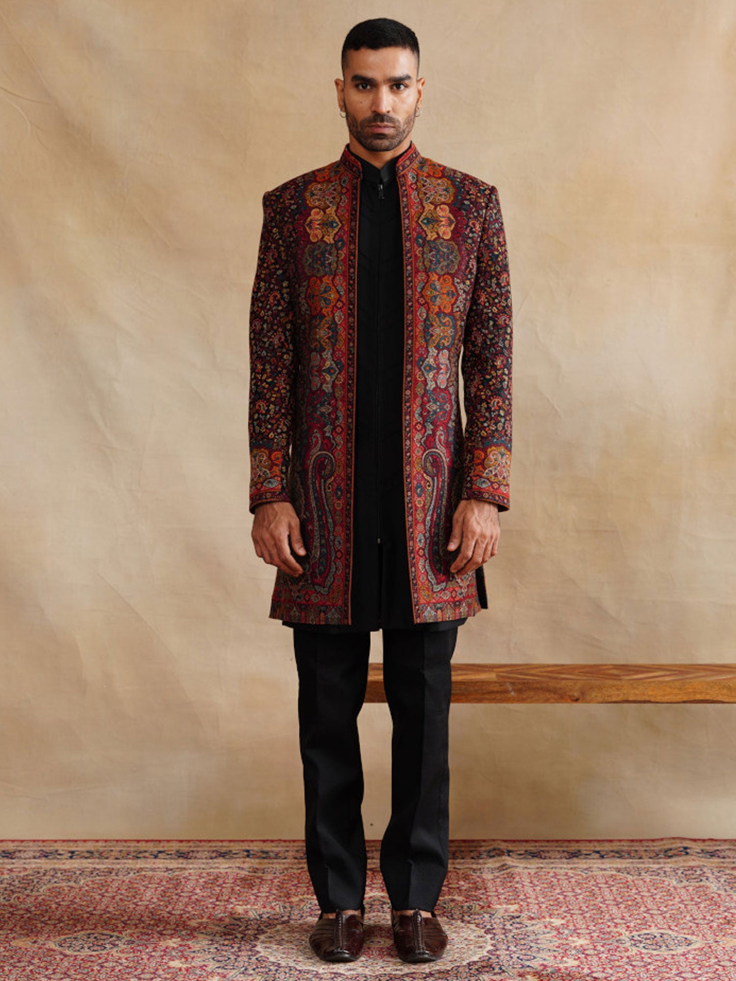 Black Silk Indowestern For Men's In Floral Work
