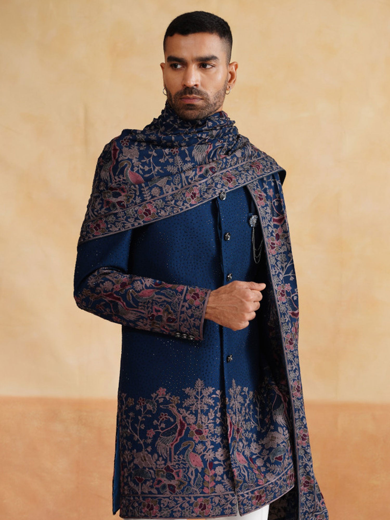 Royal Blue Embroidered Indowestern With Stole