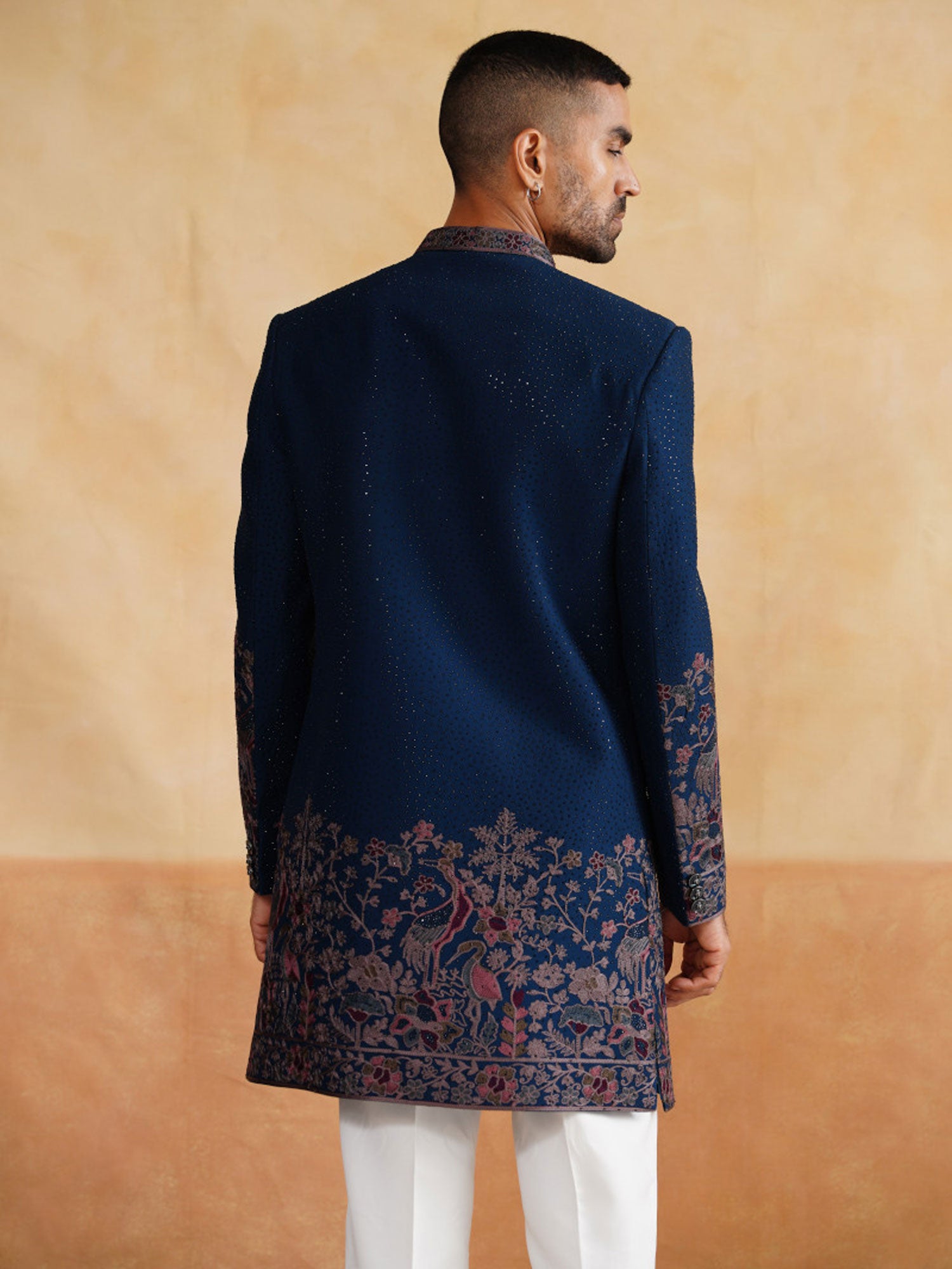 Royal Blue Embroidered Indowestern With Stole