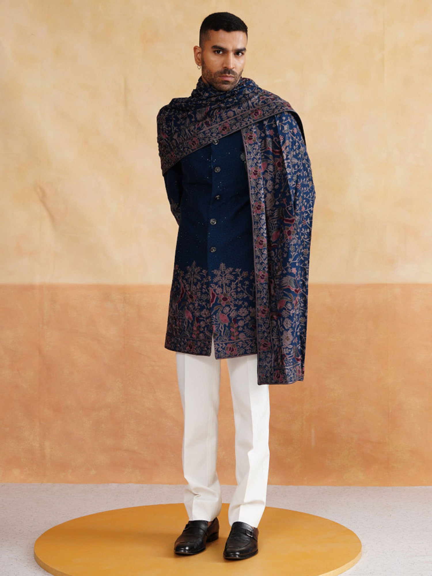Royal Blue Embroidered Indowestern With Stole