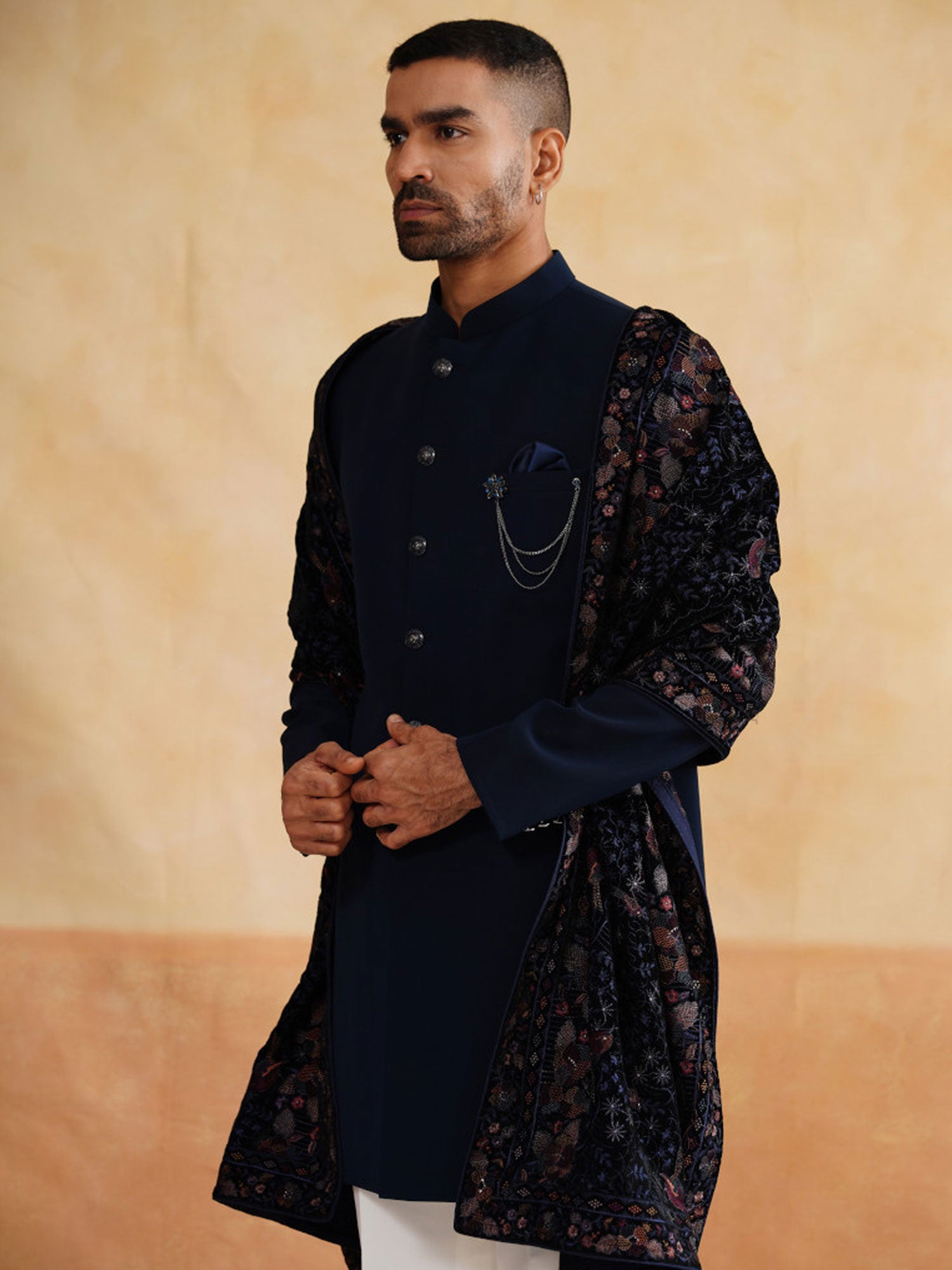 Navy Blue Wedding Indo Western Set With Stole