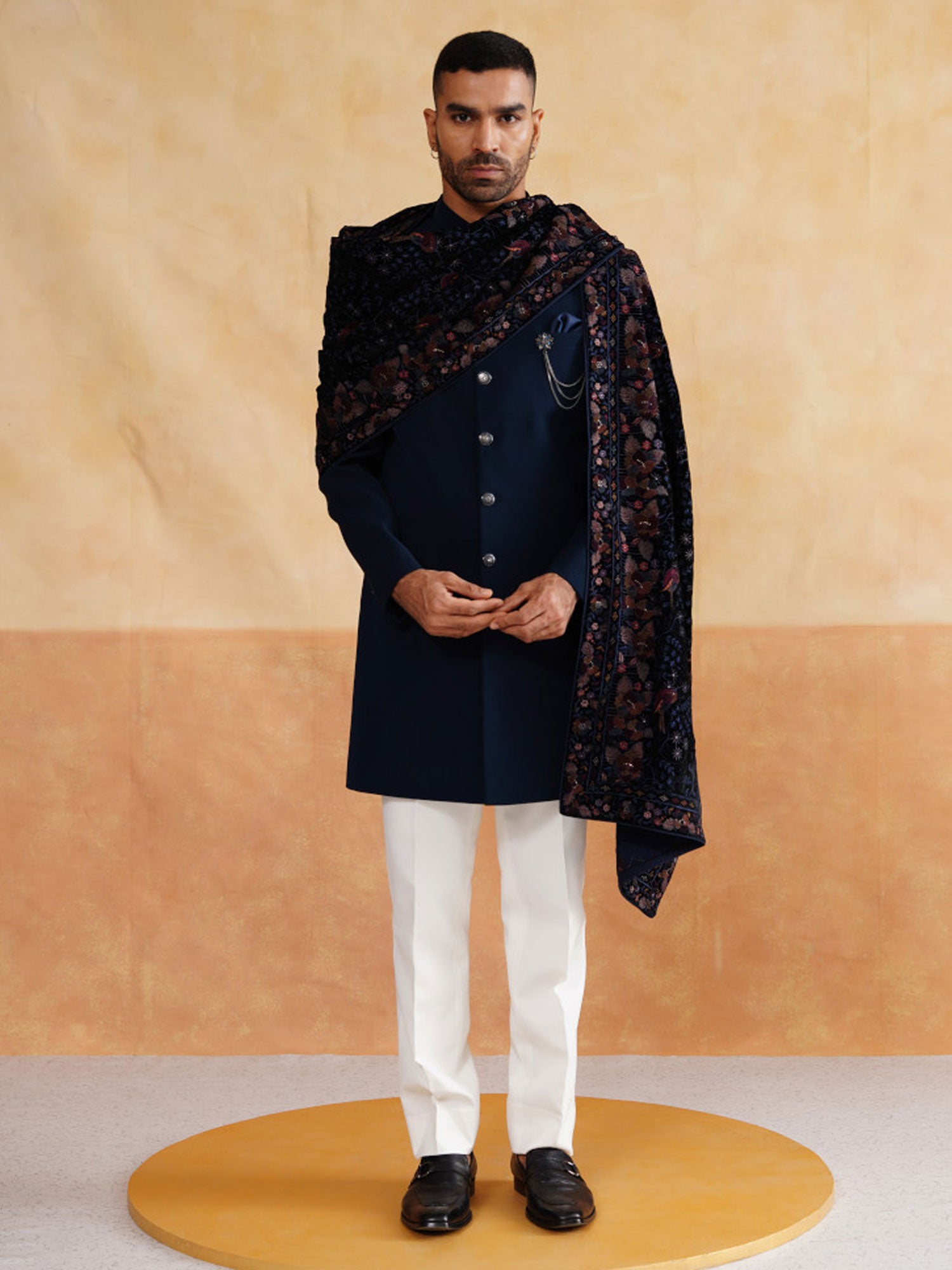 Navy Blue Wedding Indo Western Set With Stole