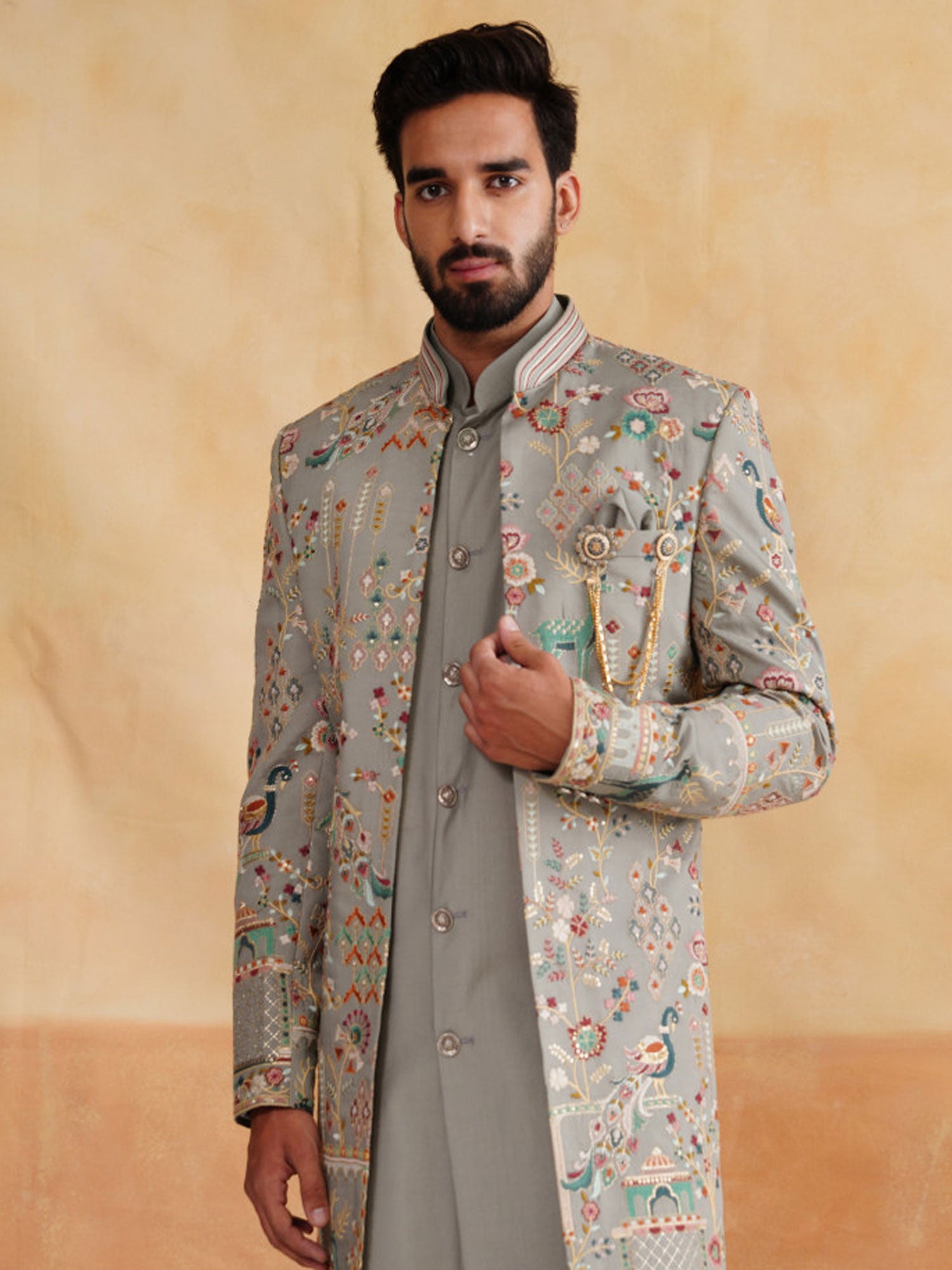 Grey Silk Indowestern With Floral Embroidered Jacket