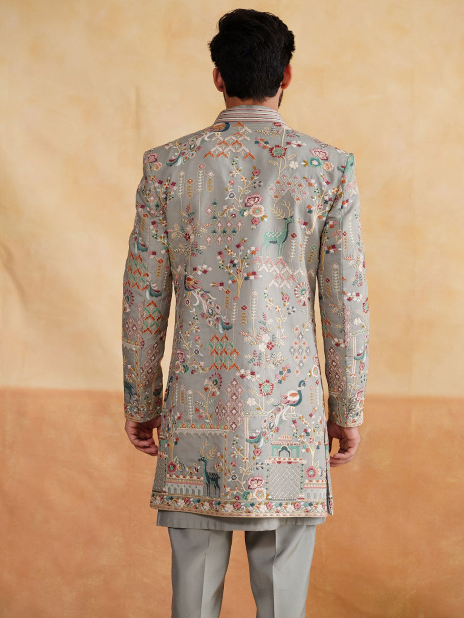 Grey Silk Indowestern With Floral Embroidered Jacket
