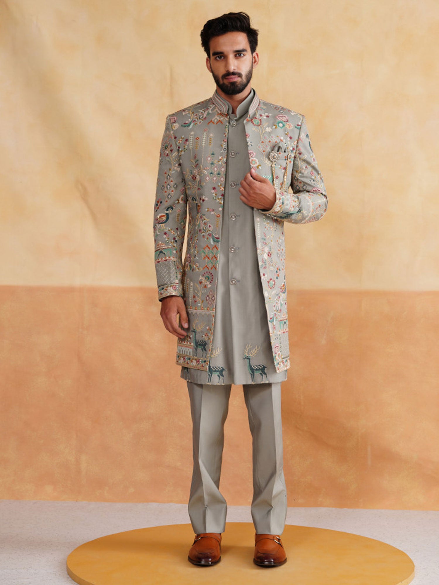 Grey Silk Indowestern With Floral Embroidered Jacket